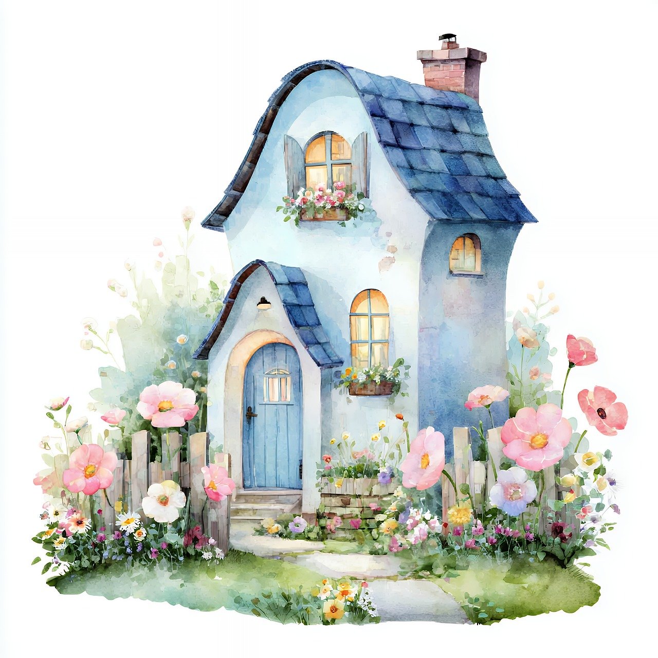 cottage, watercolor, house, flowers, floral, home, architecture, garden, building, art, painting, design, fantasy, fairytale, dreamy, whimsical, cute, pastel, spring, summer, exterior, residential, property, facade, ai generated