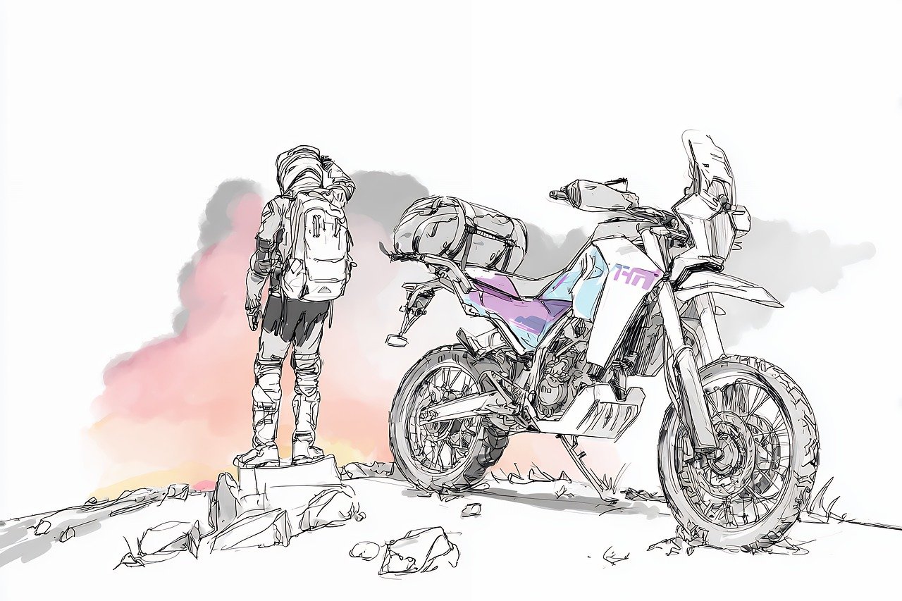 ai generated, motorcycle, adventure, travel, person, standing, vehicle, outdoors, transport, riding, bike, rider, offroad, gear, helmet, backpack, luggage, journey, destination, freedom, lifestyle, exploration, touring, vacation, sport