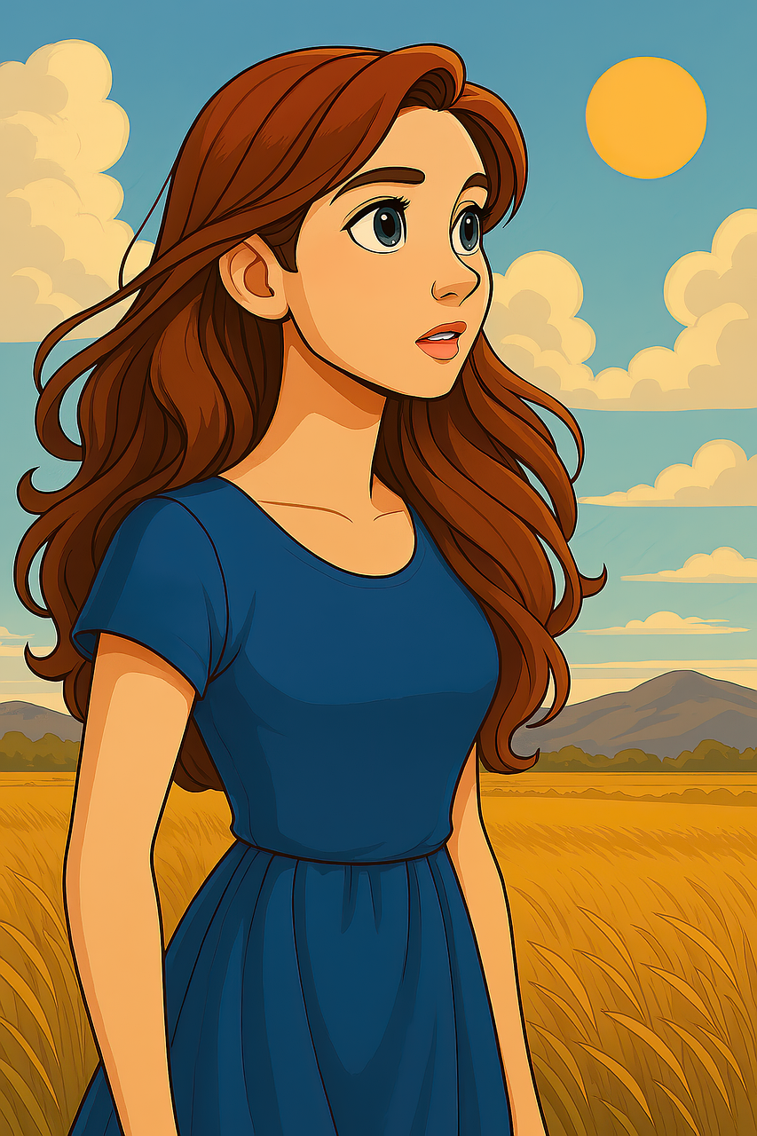 woman, cartoon, book cover, horizon, auburn hair, golden field, sunset, gaze, thoughtful, animated style, high detail, girl, travel, vacation, summer, tourism, landscape, ai generated