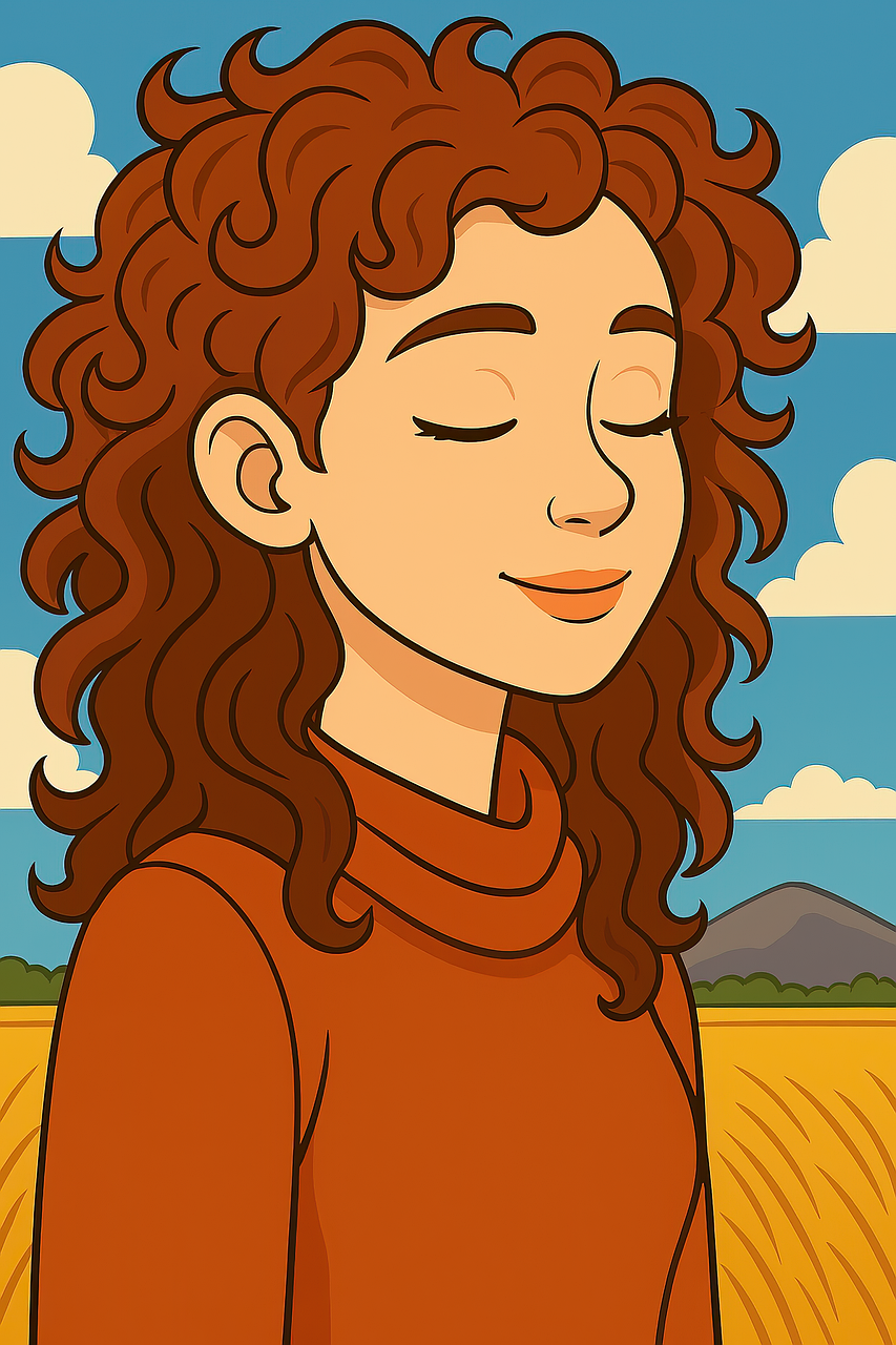 woman, cartoon, book cover, curly hair, auburn, serene, peaceful, golden field, blue sky, high detail, clean lines, mood, thinking, relax, meditation, girl, ai generated