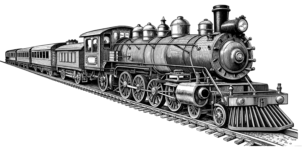 train, locomotive, rail, railroad, transportation, vehicle, decorative, decoration, ornamental, line art, ai generated
