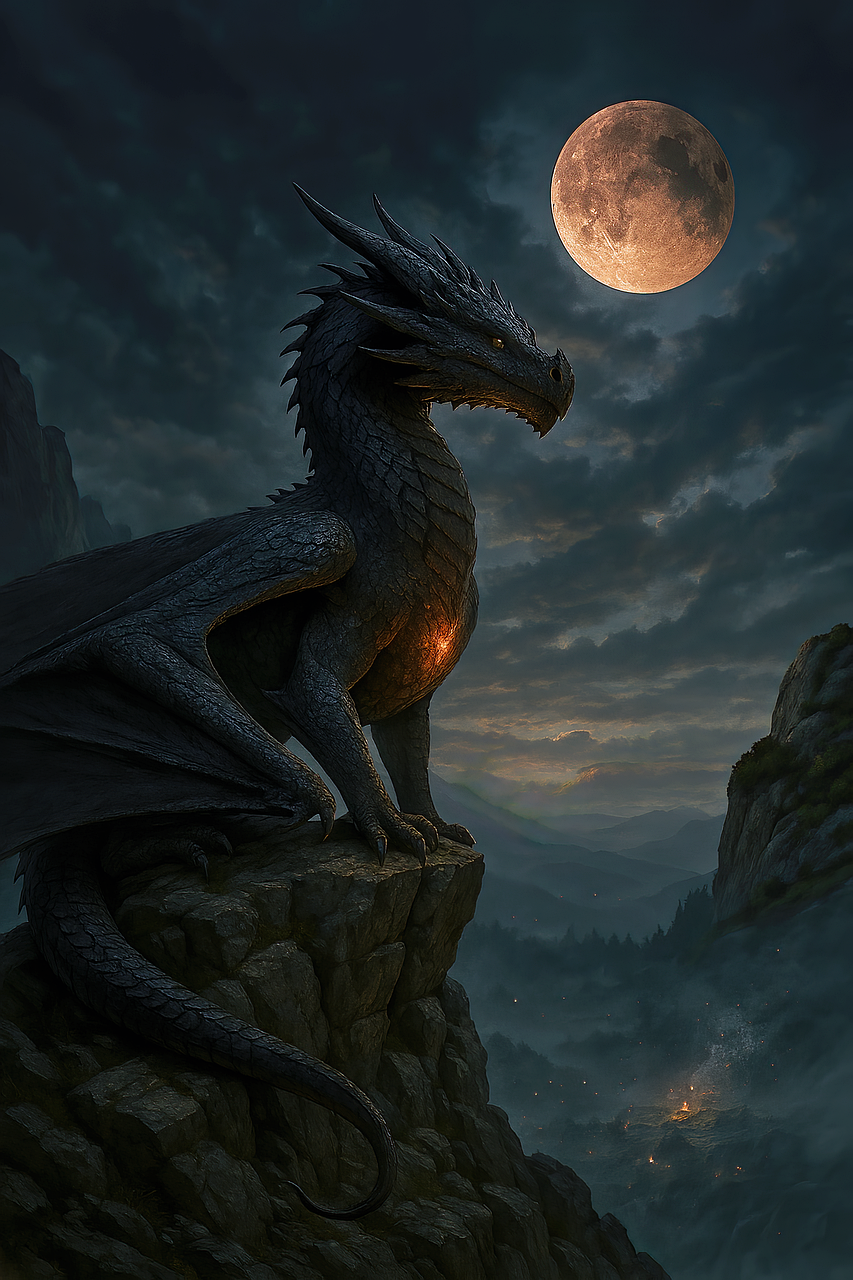 dragon, fantasy, photo realistic, twilight, cliff, glowing eyes, moon, misty valley, epic, book cover, high detail, ai generated