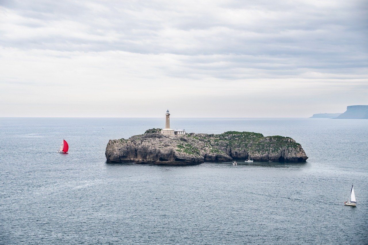 island, nature, lighthouse, sea, clouds, sailboat, water, marina