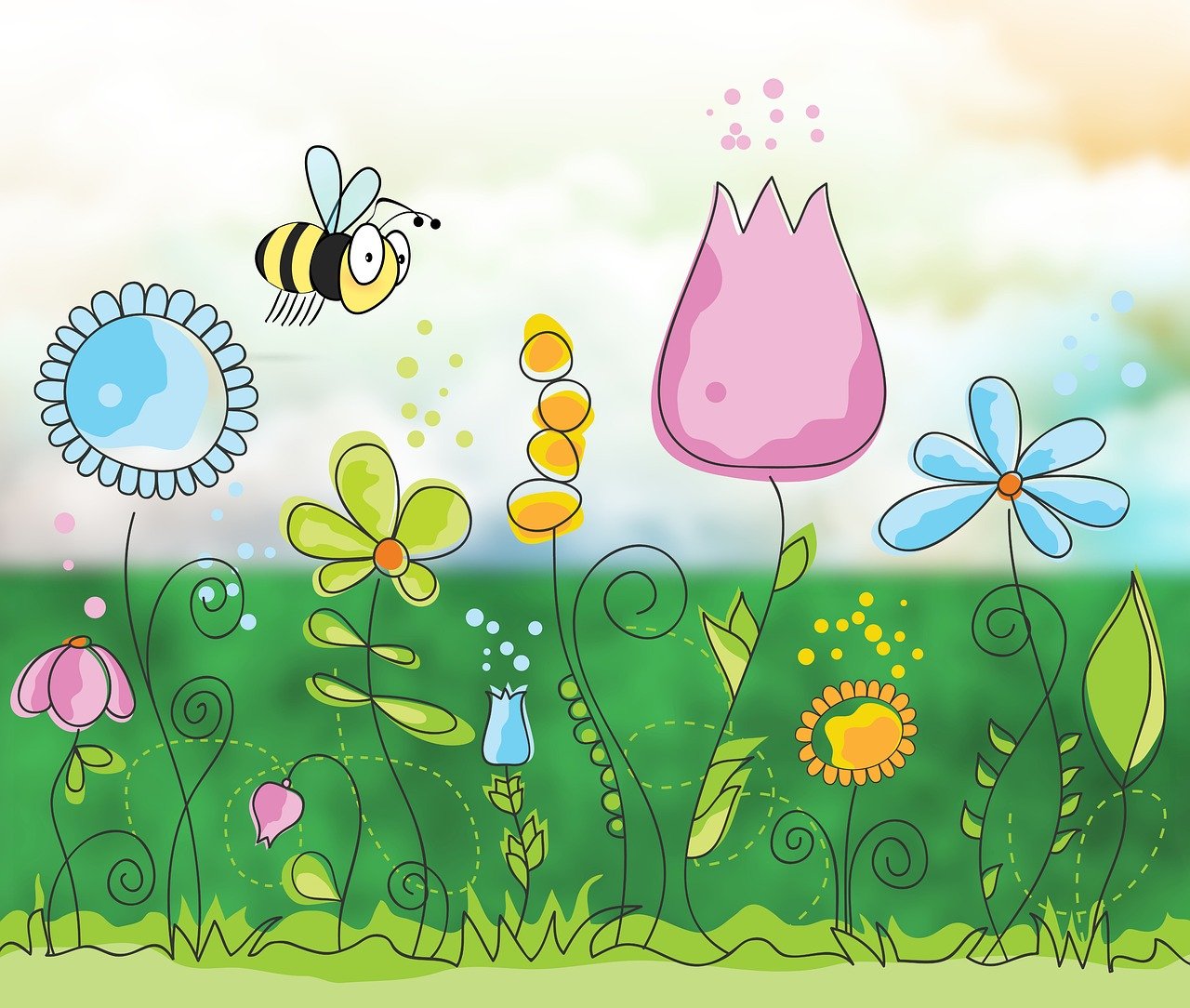flowers, bloom, blossom, nature, petals, flora, spring, summer, garden, meadow, cartoon, bumblebee, bee, insect, entomology, cute, funny, greeting card, copy space