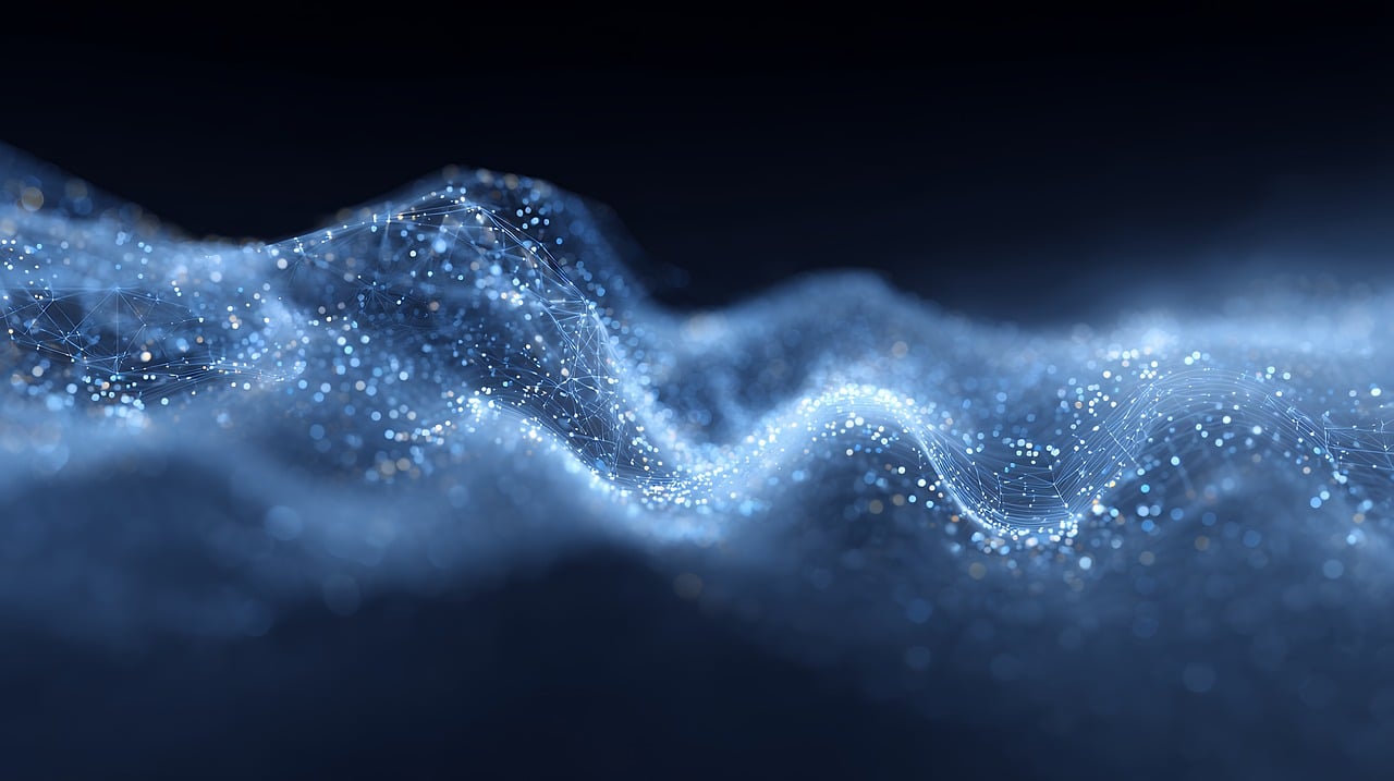 ai generated, abstract, wave, particle, water, light, glowing, dark, motion, flow, shape, fantasy, dynamic, nature, background, wallpaper, design, texture, smooth, surface, energy, futuristic, technology, science, data, network