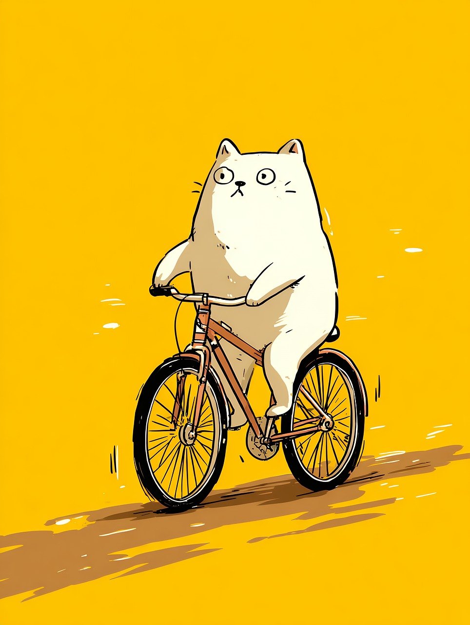 cat, bicycle, bike, cartoon, riding, animal, fun, yellow, sport, cycle, pet, transportation, travel, mammal, ride, cute, character, nature, funny, comic, drawing, outdoors, activity, leisure, wheels, ai generated