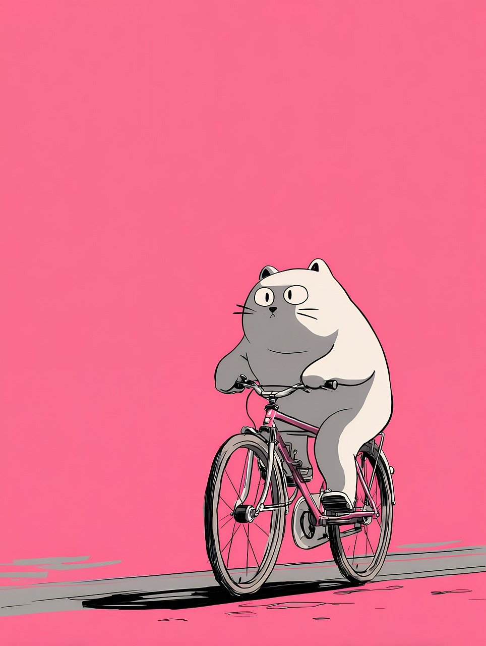 cat, bicycle, bike, riding, cartoon, animal, pink, cute, fun, whimsical, transport, cycle, road, humor, pet, happy, character, design, art, graphic, comical, funny, style, nature, sketch, ai generated