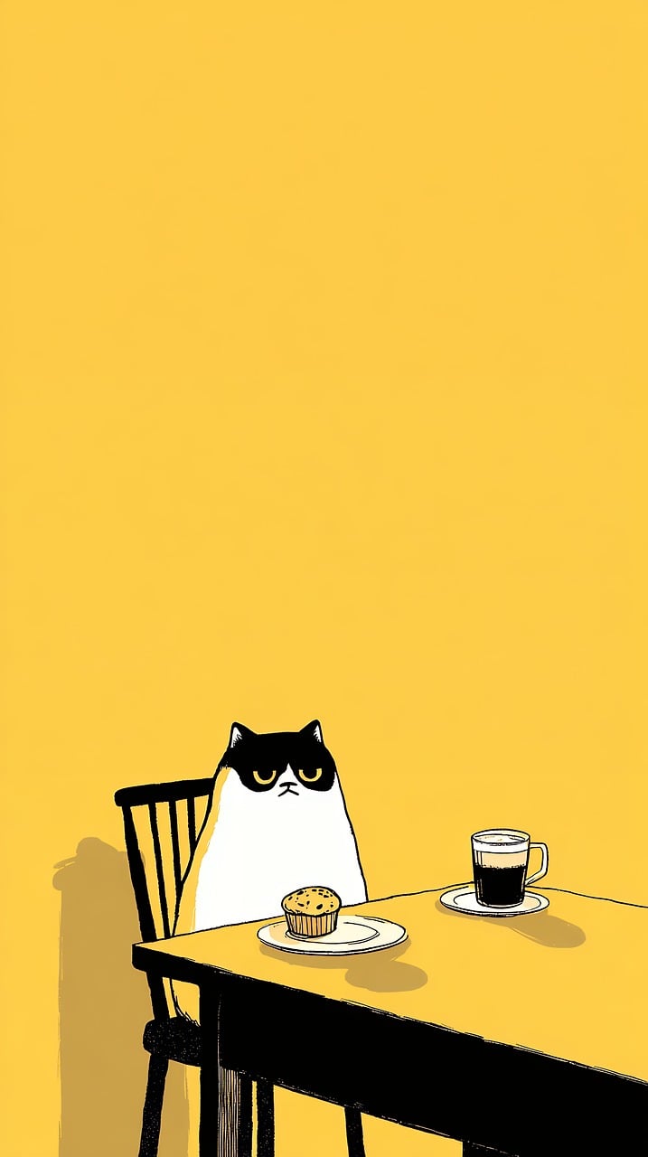 cat, cartoon, animal, pet, table, food, drink, coffee, nature, grumpy, comic, character, cute, funny, yellow, background, design, graphic, art, domestic, feline, mammal, plate, cup, chair, ai generated