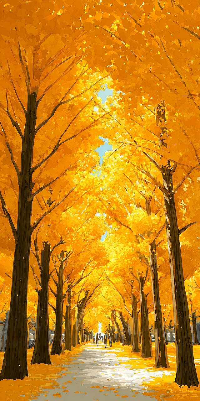 ai generated, autumn, fall, trees, leaves, yellow, path, pathway, foliage, nature, season, landscape, park, road, walkway, color, vibrant, golden, beauty, outdoors, environment, scenic, tranquil, travel, tourism