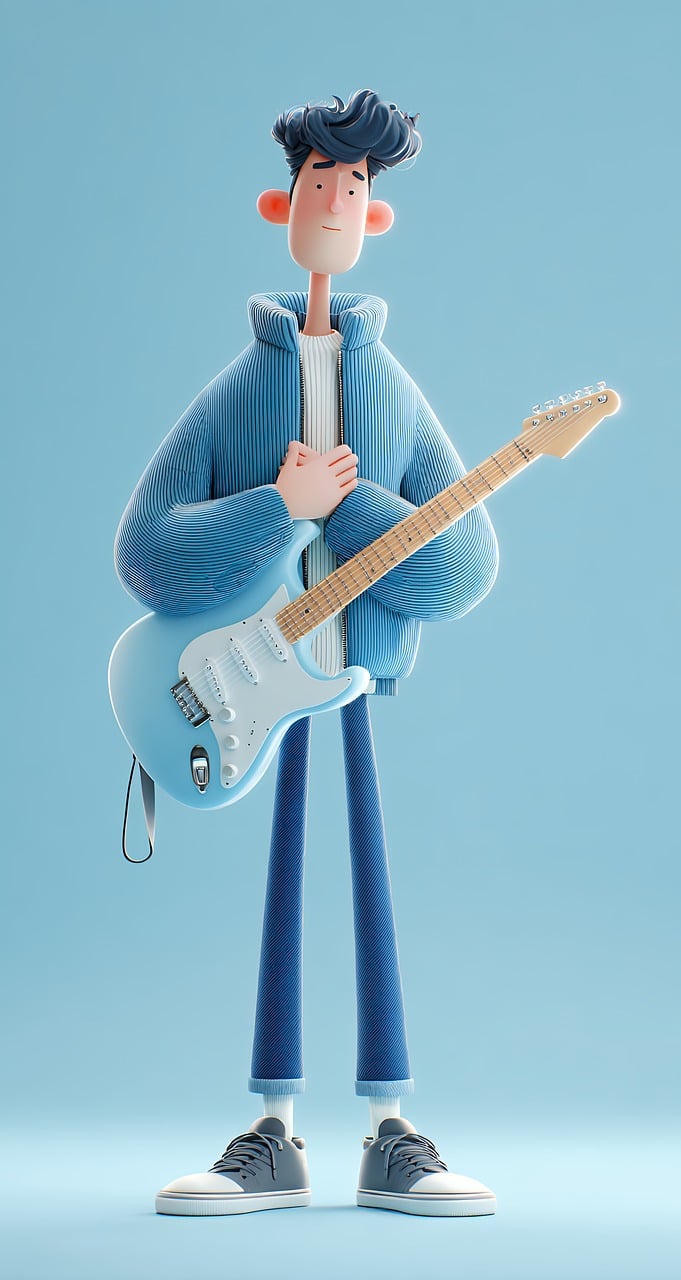 ai generated, man, guitar, electric, music, cartoon, character, 3d wallpapers, model, blue, rendering, 3d, digital, art, person, male, musical, instrument, musician, fun, happy, style, pose, standing, background