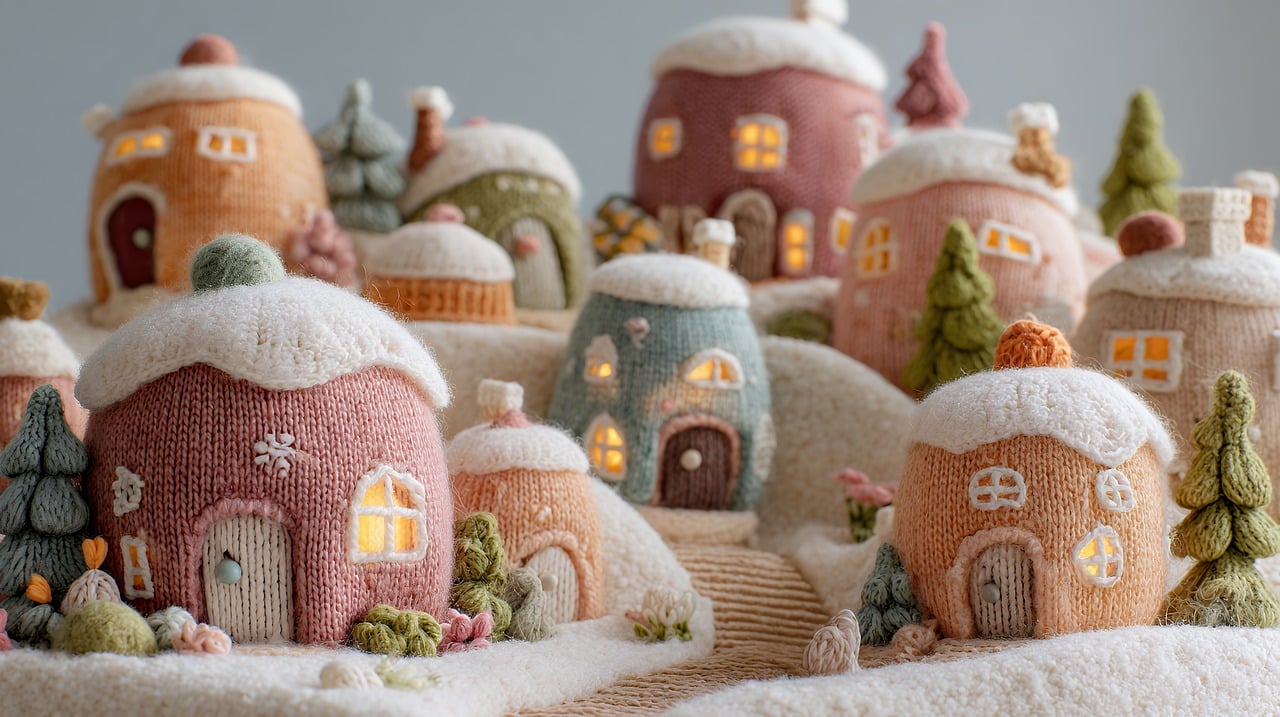 ai generated, village, miniature, handmade, winter, craft, snow, house, decoration, christmas, festive, season, holiday, decorative, light, tiny, nature, building, fabric, wool, cozy, design, art, gift, toy