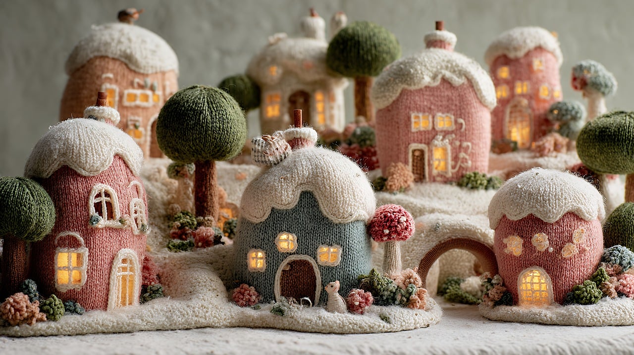ai generated, village, miniature, houses, snow, roofs, whimsical, christmas, winter, decoration, cute, holiday, town, landscape, small, building, fantasy, light, season, decorative, xmas, design, tree, home, art