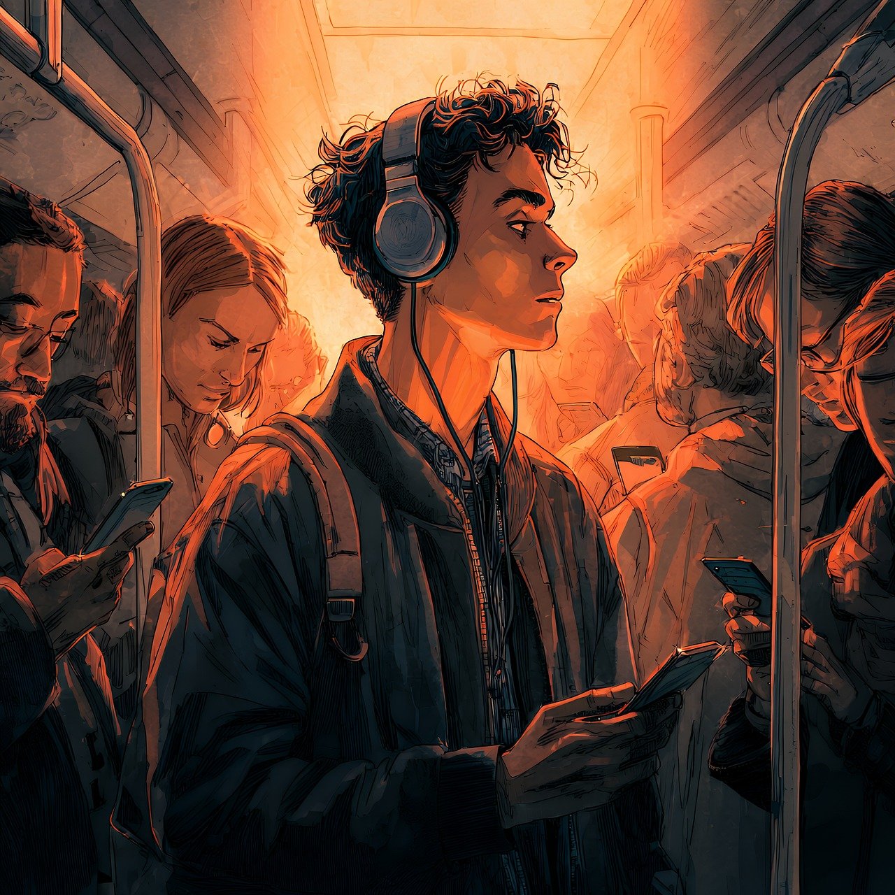 man, subway, music, headphones, train, transport, travel, commute, passenger, phone, mobile, device, people, public, society, urban, lifestyle, technology, connection, communication, digital, network, internet, online, ai generated