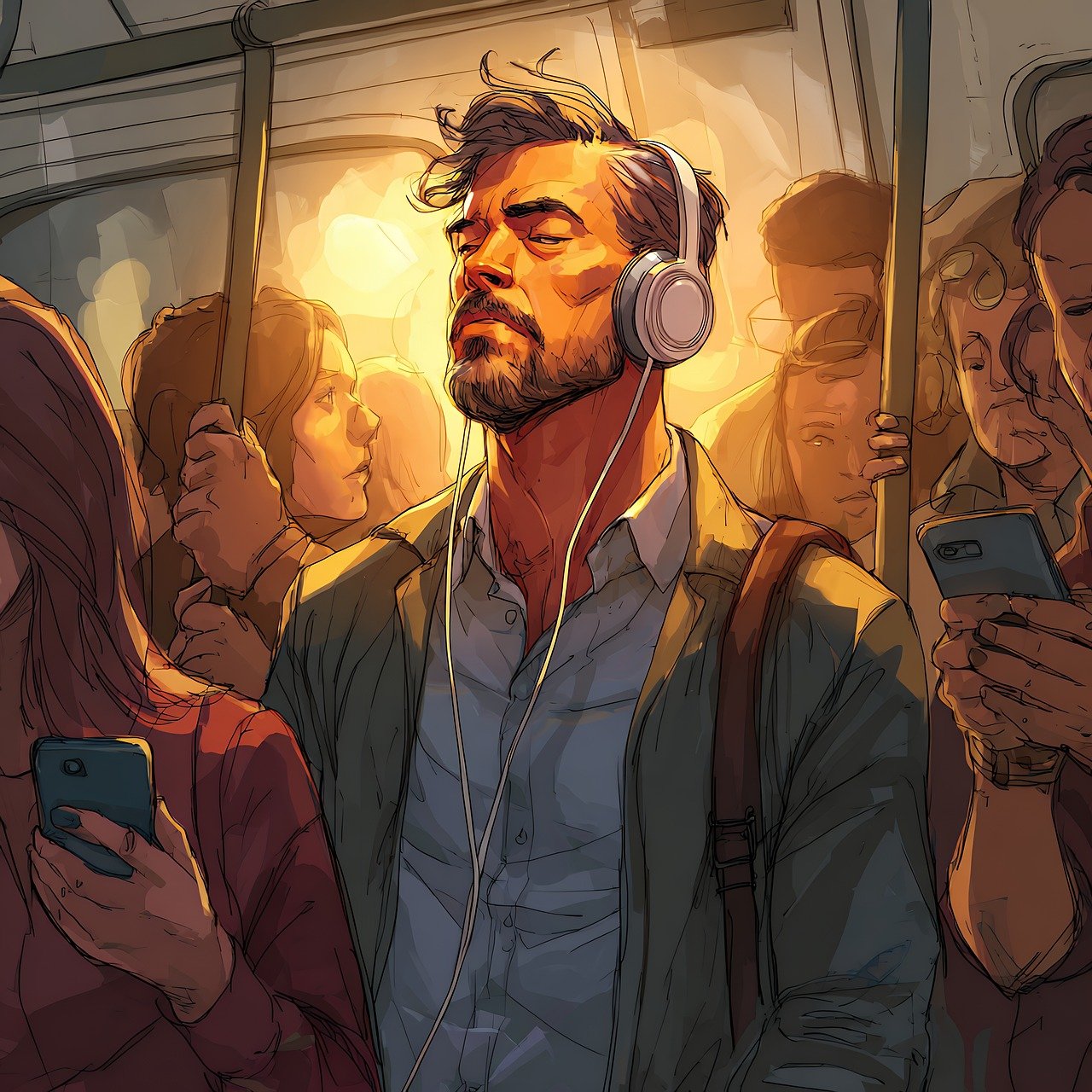 man, subway, train, music, headphones, commute, transportation, public, transit, people, passenger, urban, city, travel, technology, lifestyle, male, journey, listening, standing, crowd, shoulder, shirt, jacket, ai generated