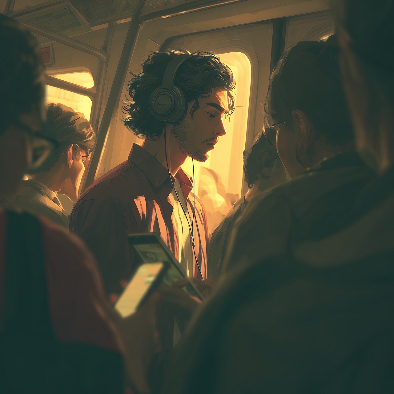 man, train, subway, phone, headphones, music, people, transportation, public, transport, passenger, commute, city, urban, lifestyle, travel, journey, technology, mobile, device, male, person, alone, listening, ai generated