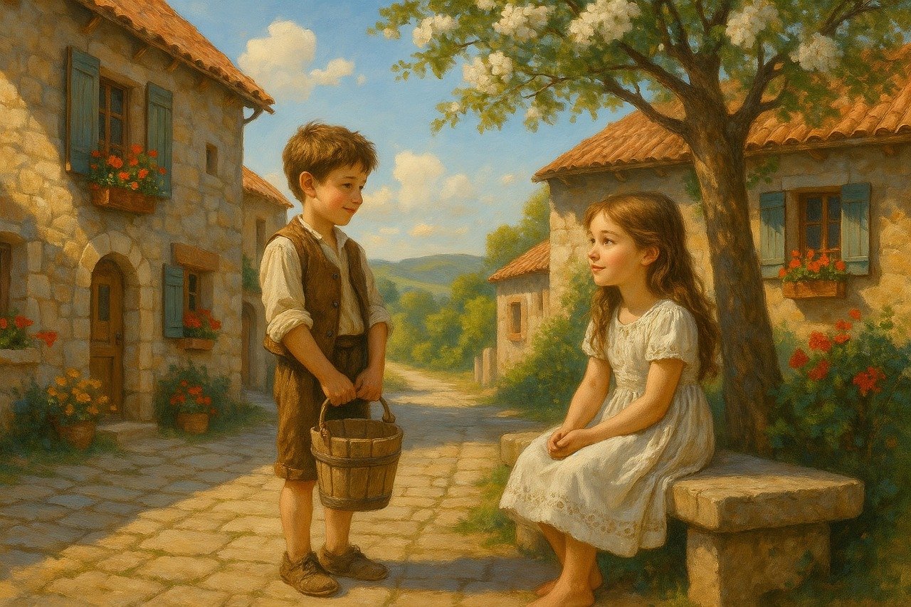 painting, children, village, rural, idyllic, countryside, rustic, historical, innocent, cobblestone, street, houses, european, summer, peaceful, traditional, conversation, friendship, classic, art, ai generated