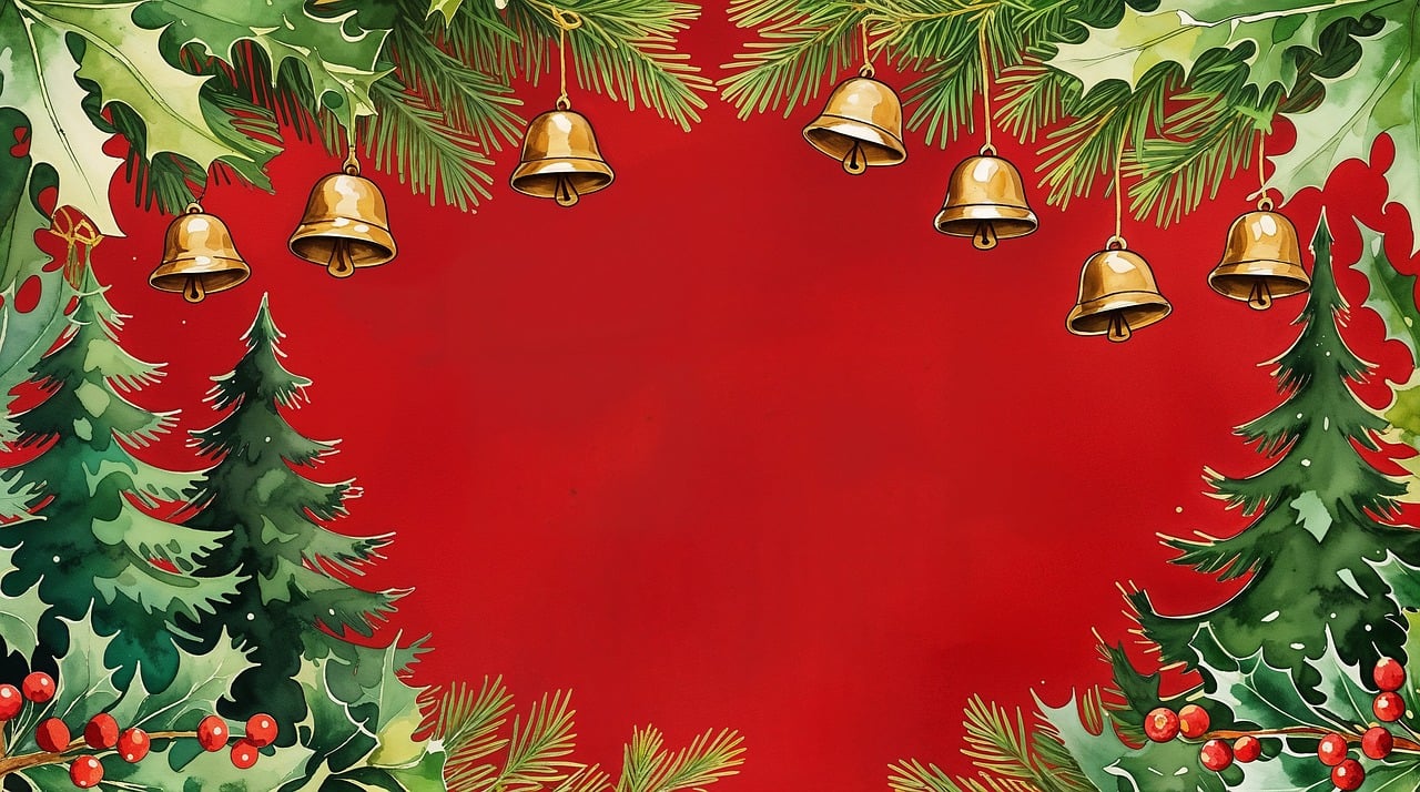 christmas, festive, holiday, bells, holly, wreath, pine, red, green, watercolor, seasonal, celebration, decorative, joyful, winter, traditional, background, ornament, cozy, merry, ai generated