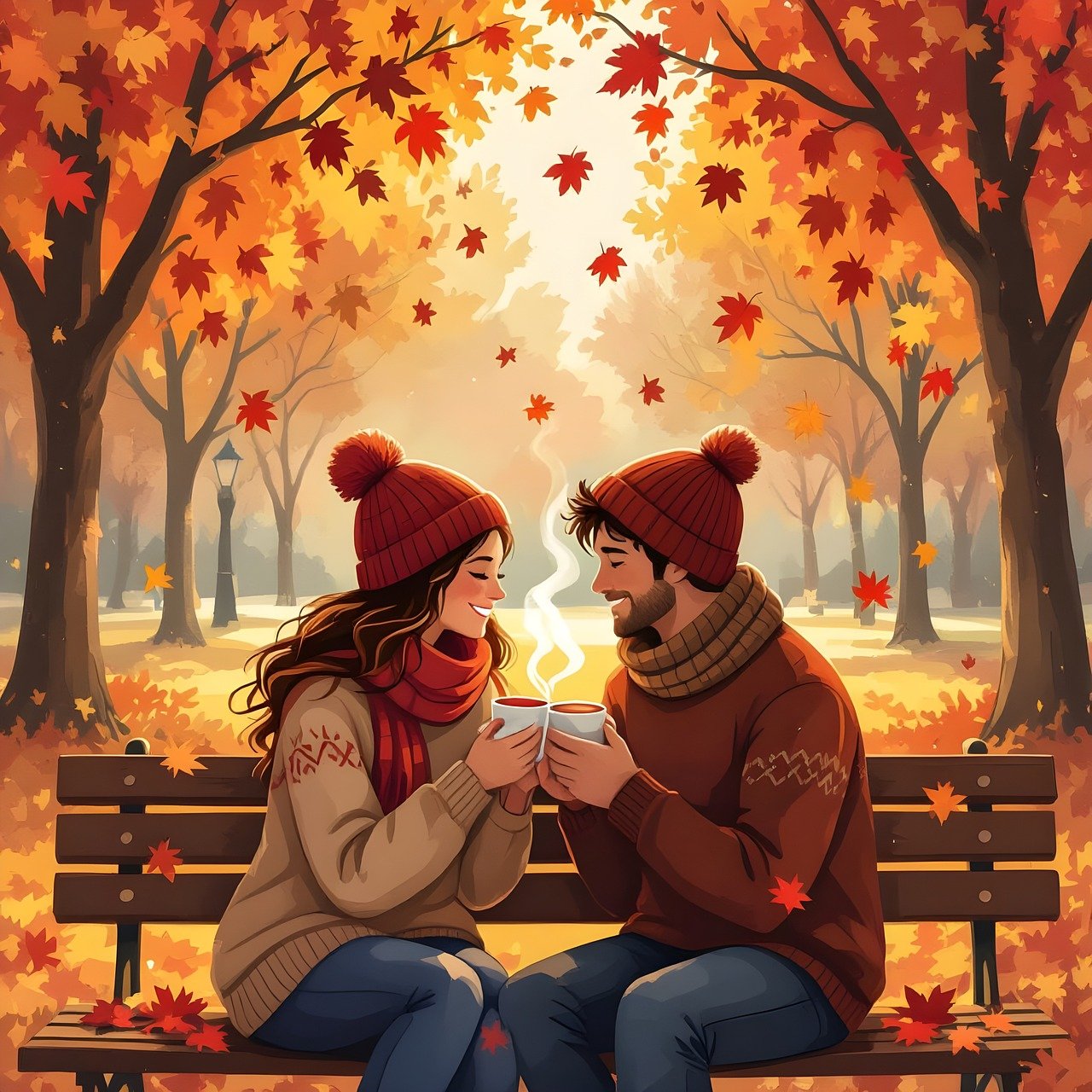 couple, lovers, together, relationship, woman, man, love, romantic, affection, people, romance, outdoors, autumn, leaves, fall, foliage, mood, season, happy, colorful, ai generated, copy space