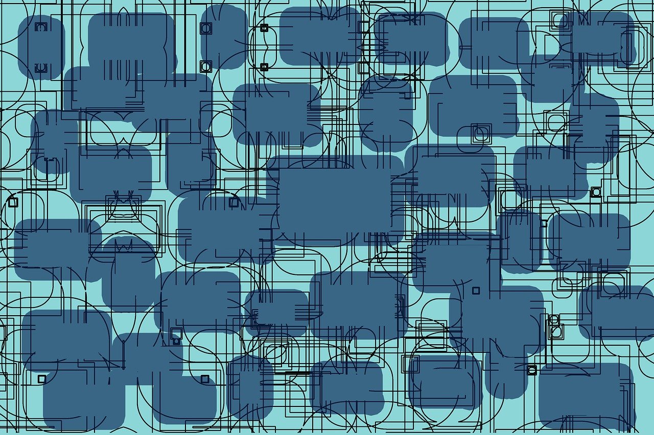 abstract, technology, network, data, lines, connections, pattern, complex, digital, blue, blocks, squares, circles, chaos, order, system, design, futuristic, grid