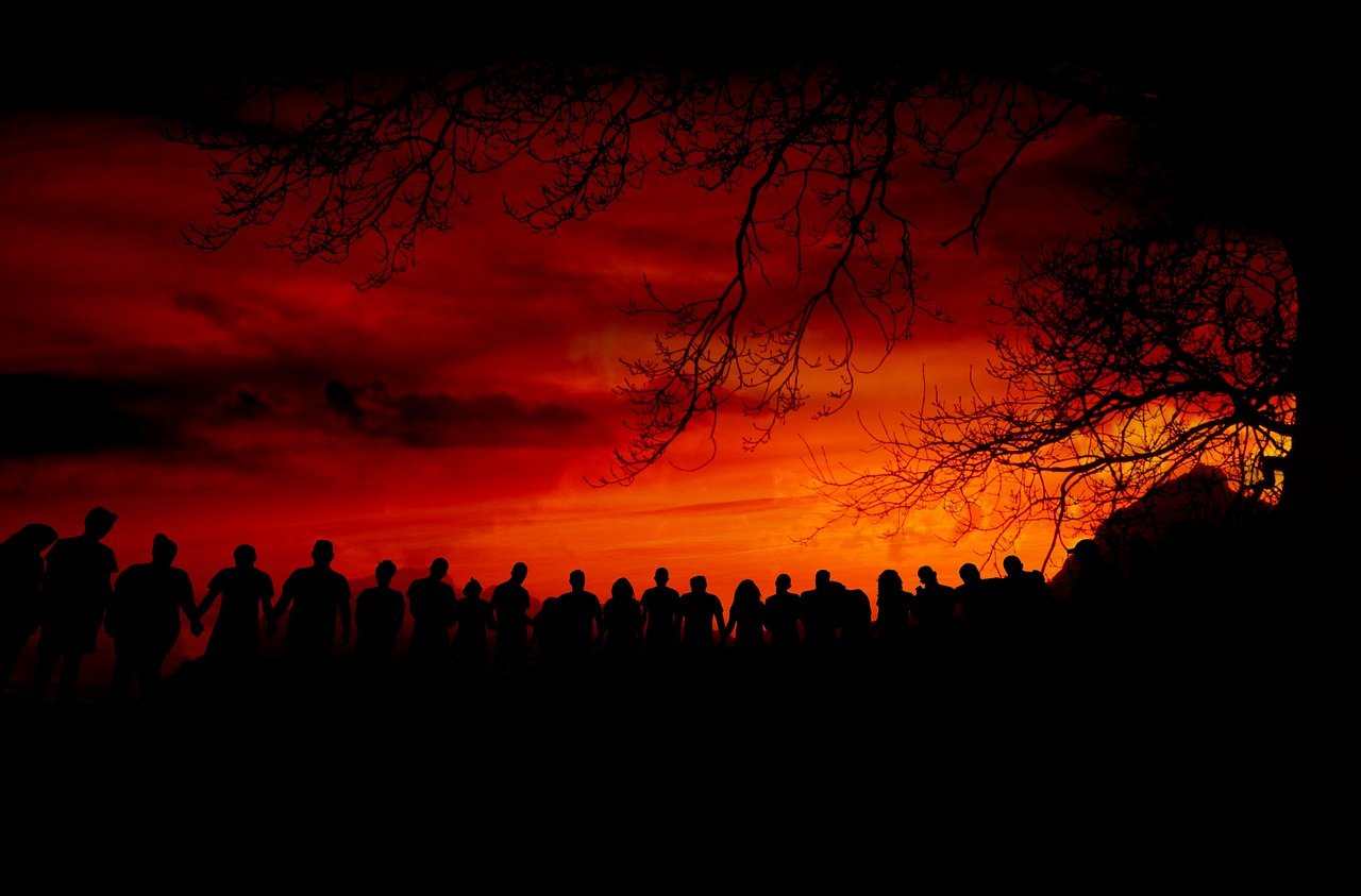 apocalypse, sunset, silhouettes, group, people, darkness, horror, ominous, sky, fiery, dramatic, gathering, landscape, unity, shadow, eerie, end, orange, red, tree