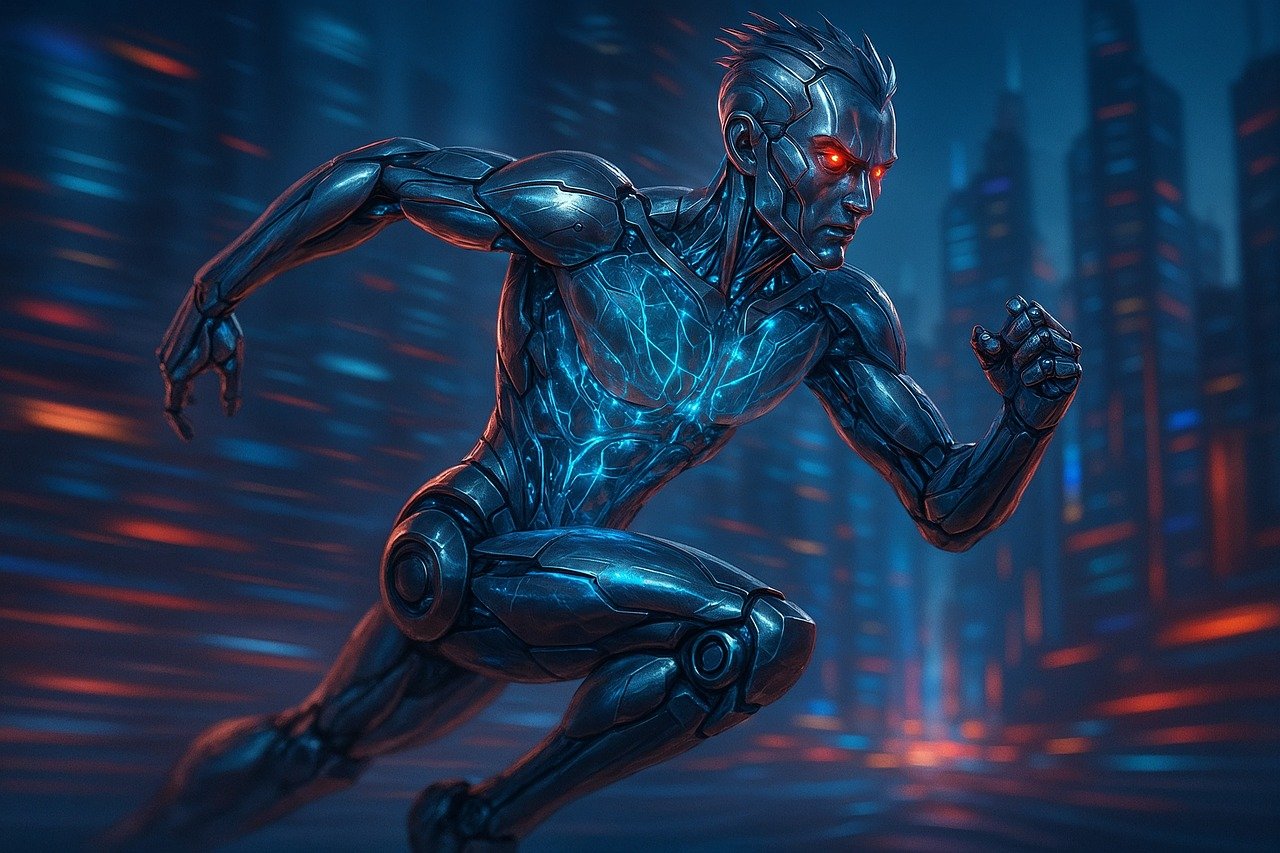 cyborg, android, futuristic, running, motion, city, night, technology, speed, cybernetics, glowing, metallic, synthetic, race, bionic, urban, dark, powerful, glowing eyes, machine, ai generated