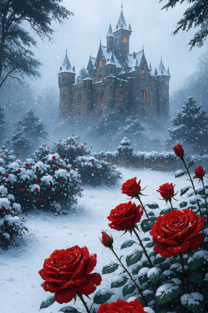 fairytale castle, winter wonderland, snowy roses, fantasy landscape, magical castle, red roses snow, gothic architecture, enchanted forest, romantic fantasy, snowstorm scene, medieval castle, dreamy scenery, fantasy art, magical winter, fairytale snow, illuminated windows, winter flowers, fantasy background, winter romance, mystical castle, snow roses, fantasy illustration, enchanted atmosphere, ai generated