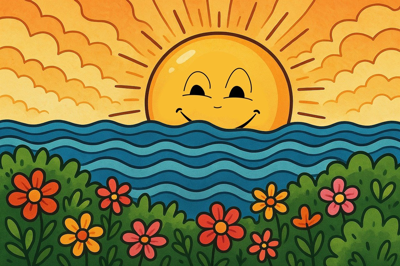 sunrise, happiness, nature, cartoon, cheerful, summer, calm, peaceful, flowers, ocean, waves, smile, bright, vibrant, colorful, idyllic, serene, playful, joyful, sun, ai generated