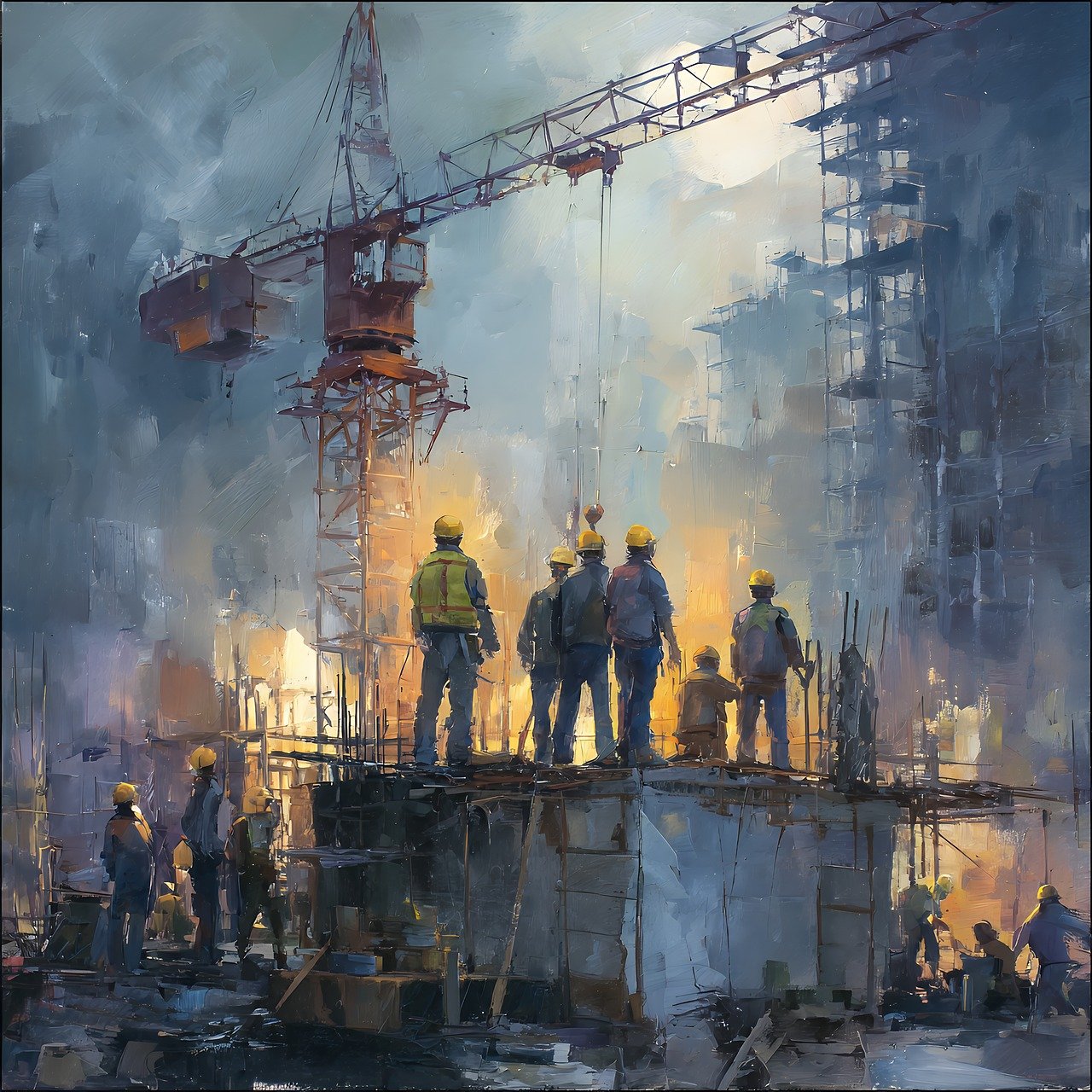 construction, workers, silhouette, industrial, scaffolding, dusk, sunset, nature, building, development, site, engineering, infrastructure, safety, teamwork, progress, urban, architecture, steel, structure, atmospheric, evening, dramatic, project, industry, ai generated