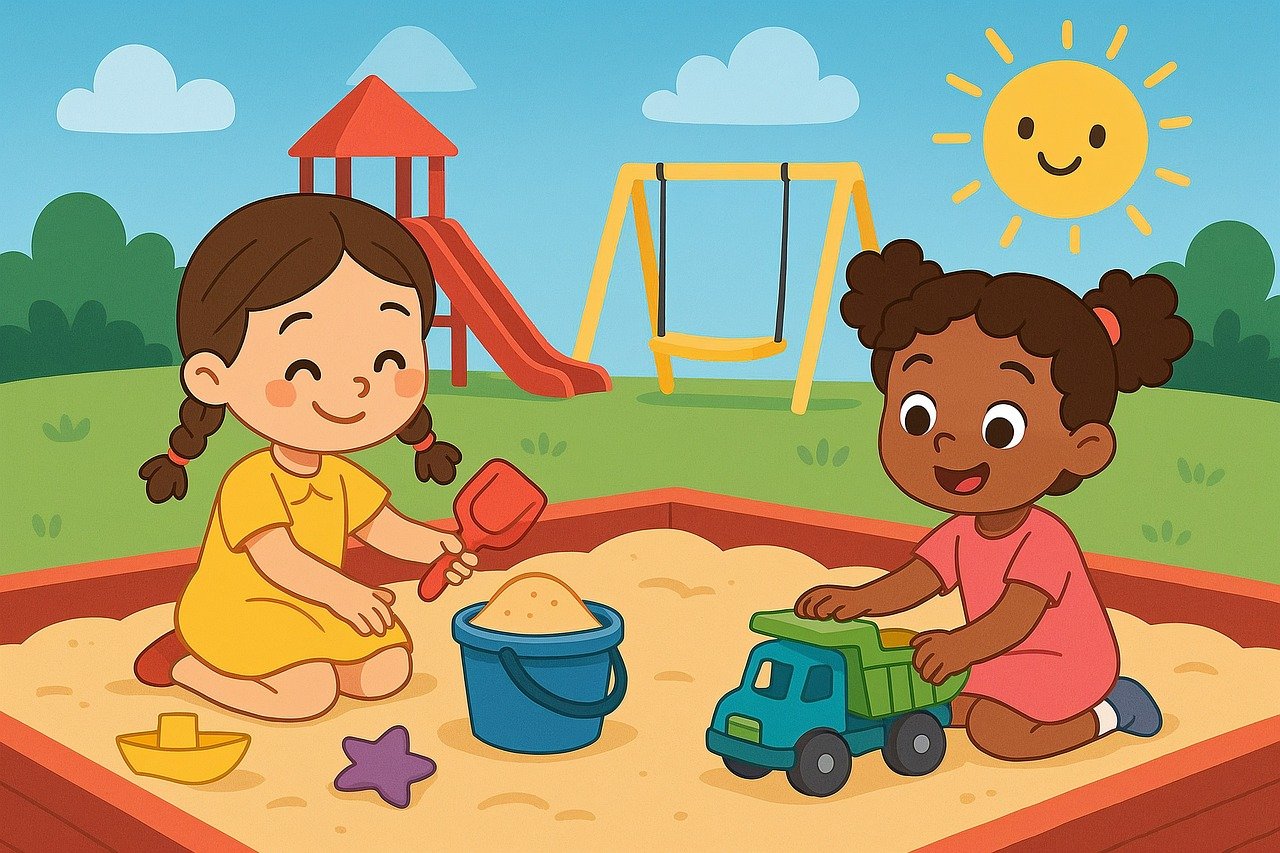 sandbox, children, play, playground, summer, sun, happy, friends, toys, shovel, bucket, truck, sand, outdoor, fun, cheerful, smiling, innocence, recreation, ai generated