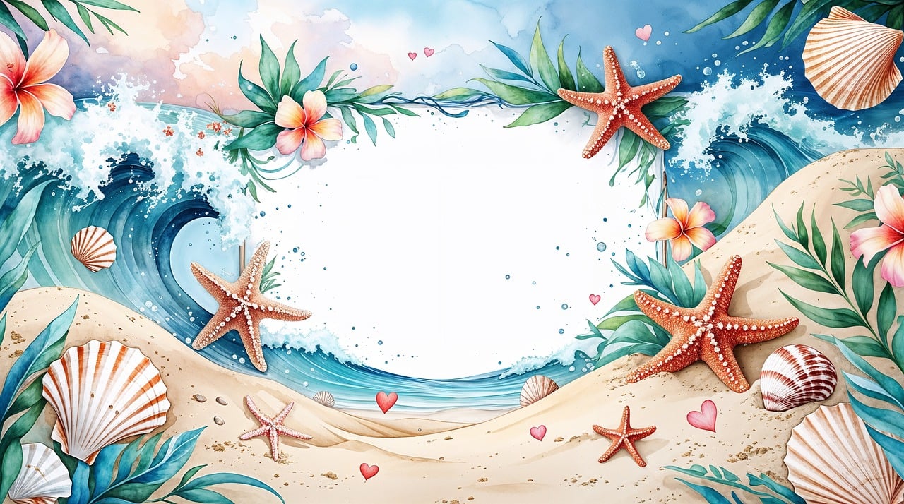 beach, ocean, starfish, seashells, waves, sand, tropical, summer, vacation, nature, marine life, holiday, seaside, coastal, relaxation, paradise, watercolor, art, frame, blank space, ai generated