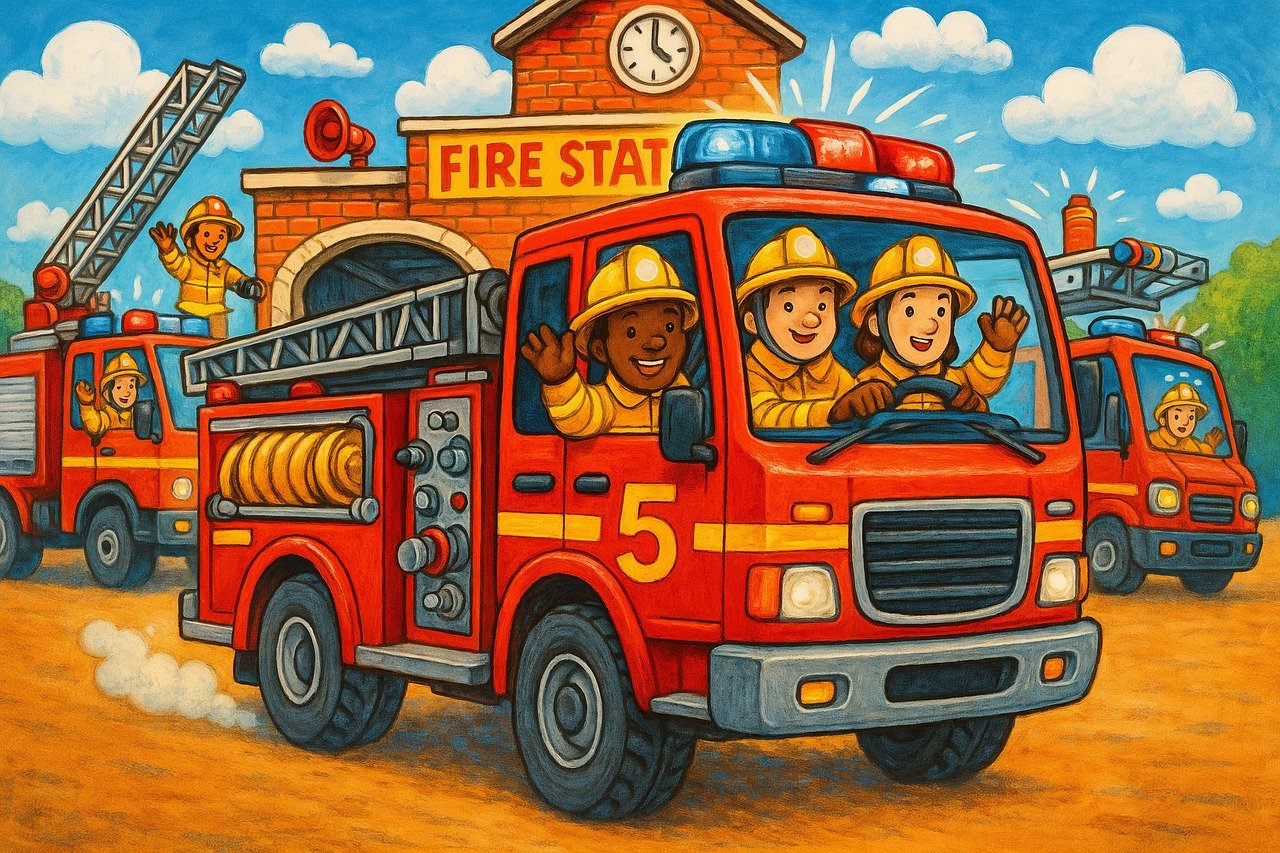 fire truck, firefighters, fire station, rescue, heroes, cartoon, emergency, ladder, hose, friendly, cheerful, teamwork, community, uniform, helmet, siren, brave, helping, bright colors, ai generated