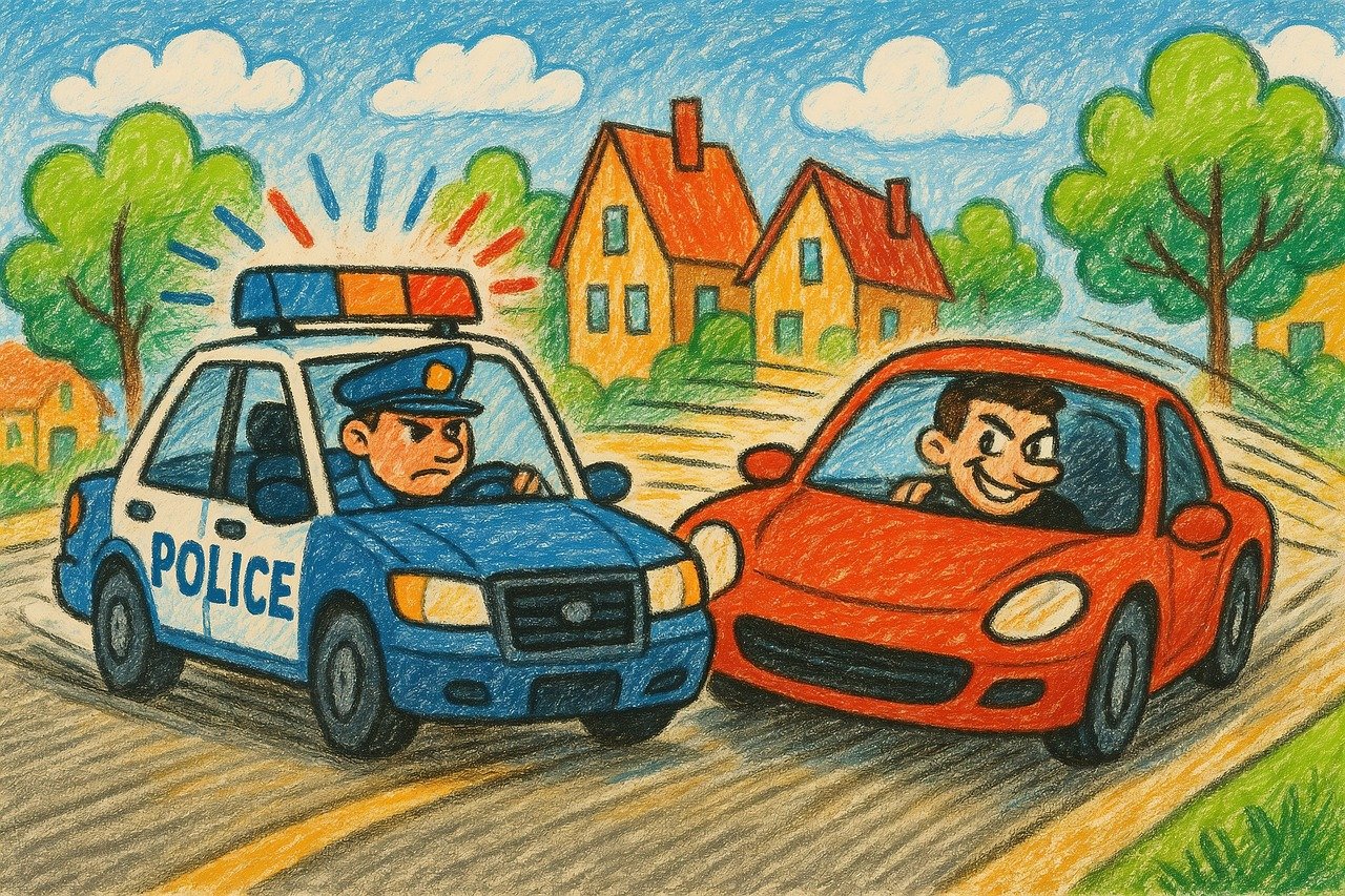 police car, police officer, red car, driver, cartoon, drawing, confrontation, street, houses, trees, suburbs, traffic, angry, happy, vehicle, dispute, road, law enforcement, sketch, ai generated