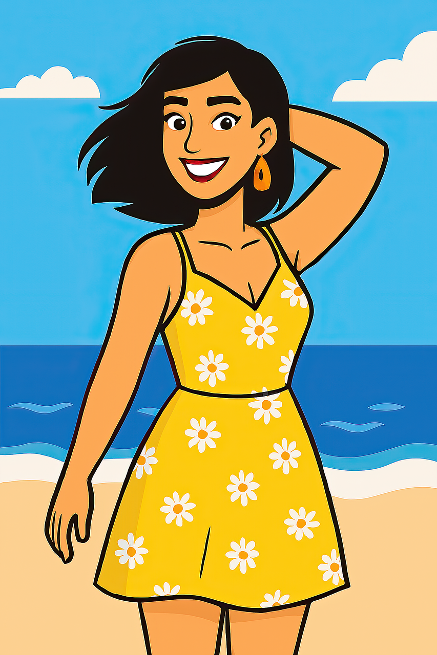 woman, girl, model, pose, female, beach, vacation, travel, sea, ocean, high resolution, cartoon, book cover, sun dress, dress, fashion, ai generated