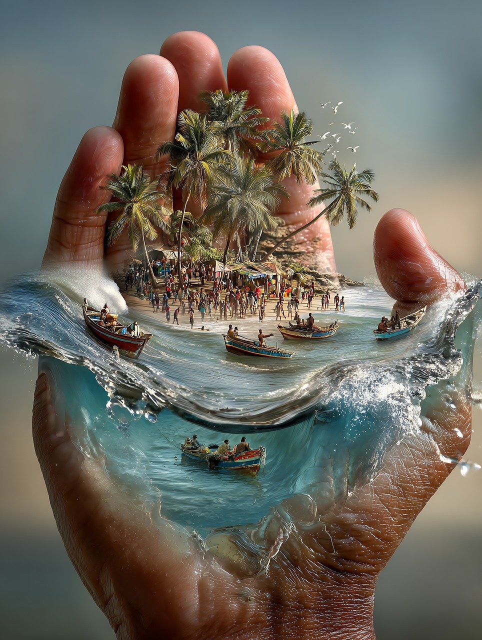 island, tropical, palm, ocean, waves, hands, miniature, paradise, surreal, fantasy, manipulation, digital, water, beach, creative, dream, magical, sand, conceptual, artistic, vacation, travel, escape, imagination, ai generated