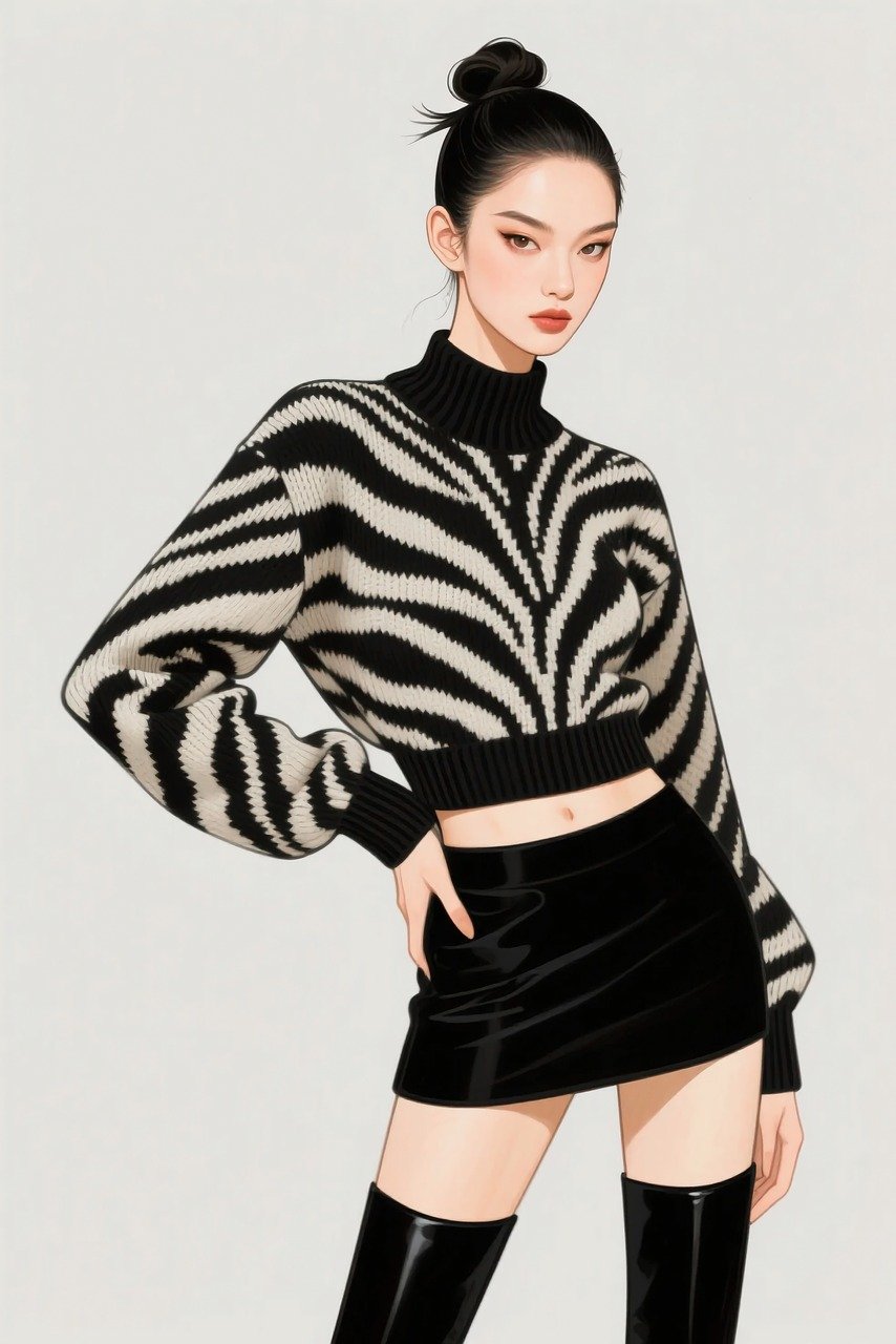 ai generated, zebra print, chic woman, black mini skirt, high boots, stylish female, bold fashion, edgy look, monochrome style, black and white outfit, runway fashion, high fashion, sleek bun hair, modern elegance, confident woman, animal print fashion, fierce look, street style, stylish chic, bold pattern, fashion model, editorial style, fashion drawing, fashionista, contemporary fashion