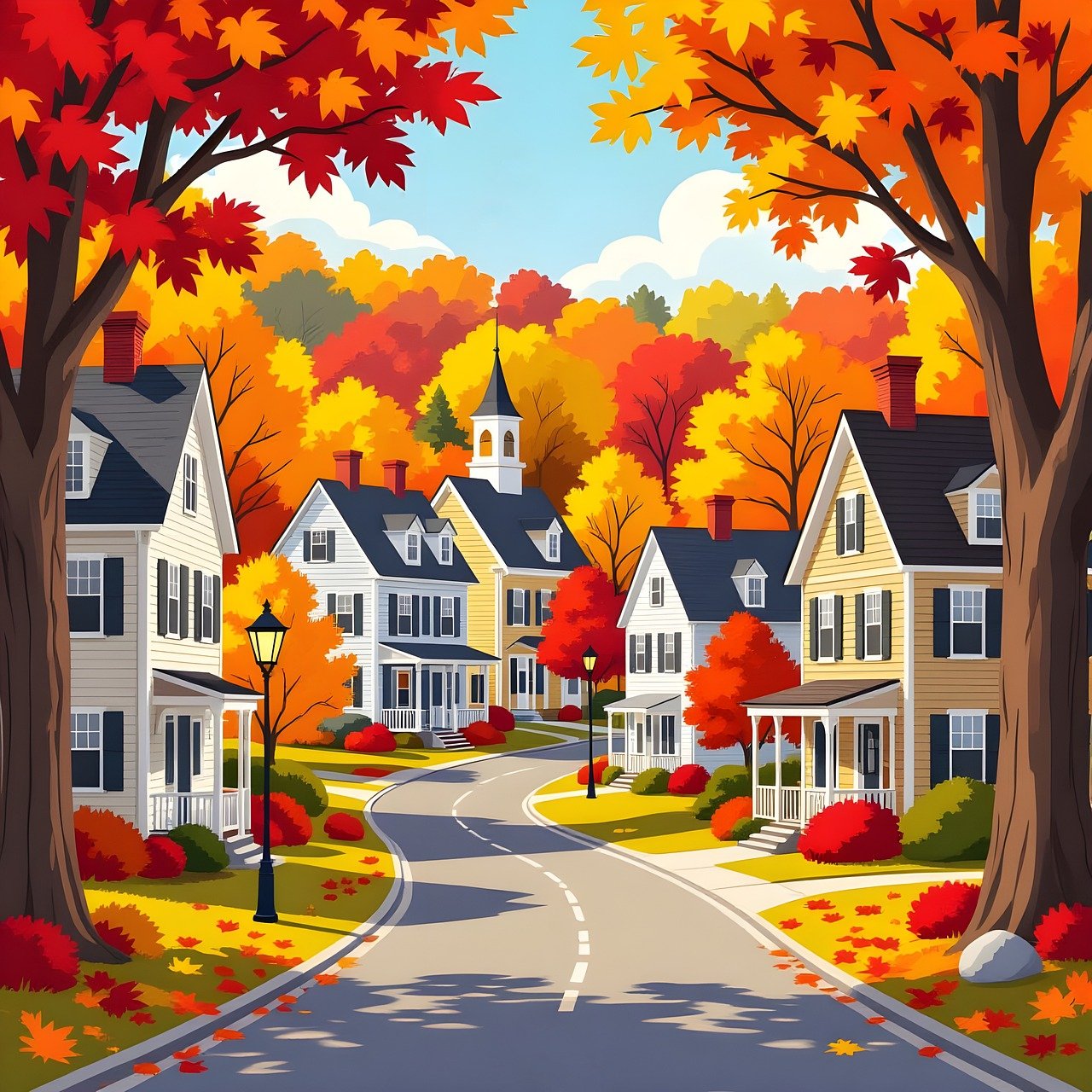 village, city, town, buildings, street, rural, countryside, church, houses, architecture, trees, autumn, leaves, nature, fall, foliage, mood, season, colorful, ai generated