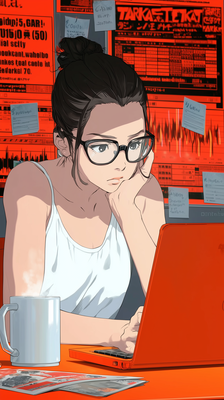 menina anime, trabalhando no laptop, café de anime, nômade digital, espaço de trabalho aconchegante, vibrações criativas, expressão focada, estilo de vida tecnológico, café fumegante, arte de anime moderna, estética estudantil, tempo de estudo, humor de produtividade, cena interna, ilustração de anime, cenário de anime urbano, vida de freelancer, roupa casual, espaço de trabalho inspirador, pôsteres vibrantes, cafeteria de anime, garota do laptop, fundo artístico, anime estiloso, ai gerado