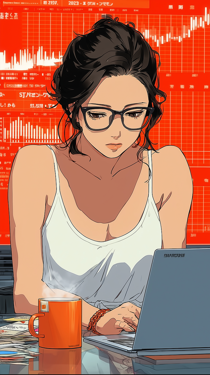 menina anime, trabalhando no laptop, café de anime, nômade digital, espaço de trabalho aconchegante, vibrações criativas, expressão focada, estilo de vida tecnológico, café fumegante, arte de anime moderna, estética estudantil, tempo de estudo, humor de produtividade, cena interna, ilustração de anime, cenário de anime urbano, vida de freelancer, roupa casual, espaço de trabalho inspirador, pôsteres vibrantes, cafeteria de anime, garota do laptop, fundo artístico, anime estiloso, ai gerado