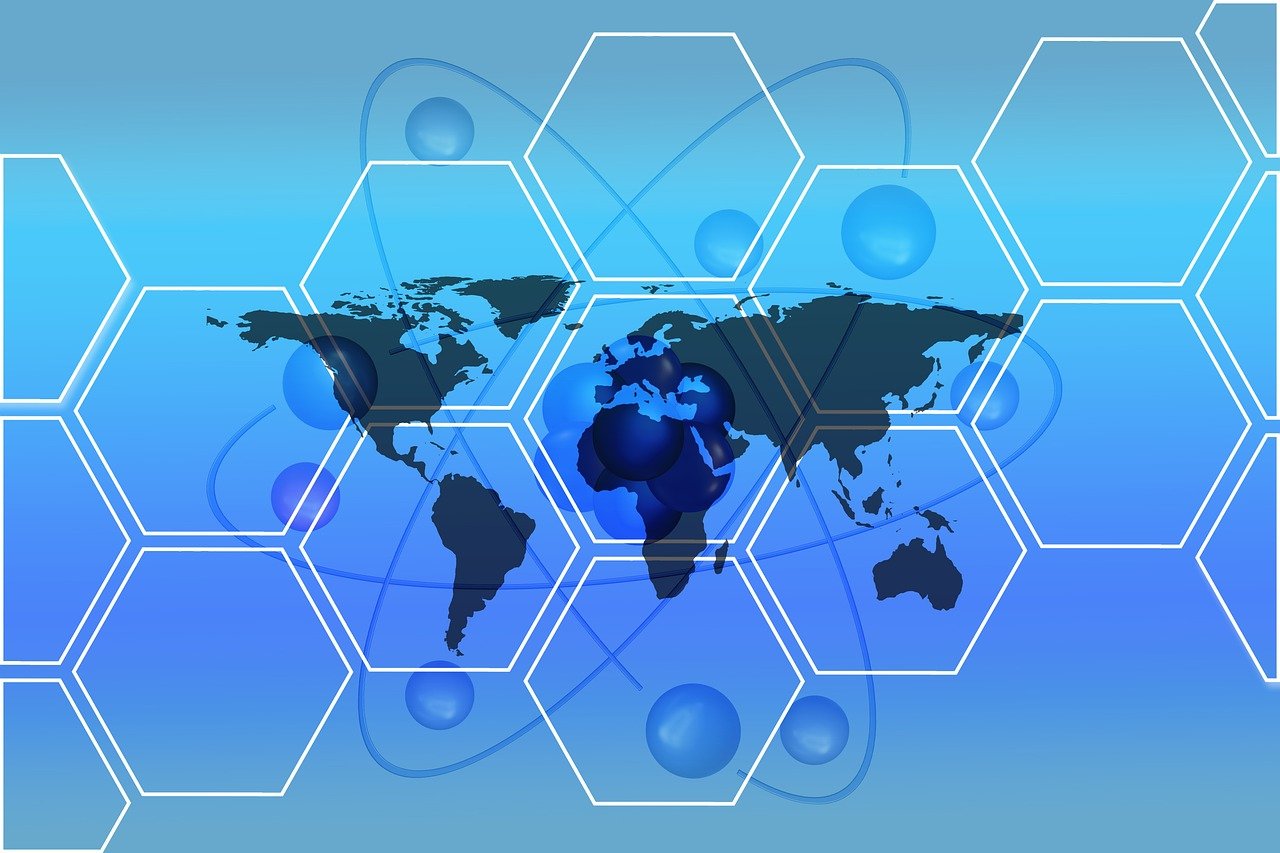 global network, technology, connection, world map, innovation, science, communication, future, data, globalization, abstract, digital, spheres, lines, hexagon pattern, international, system, structure, grid, internet