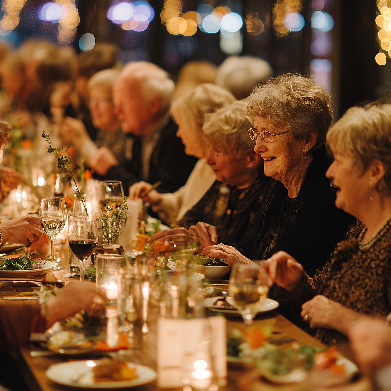 people, dinner, table, group, celebration, party, event, gathering, friends, family, dining, food, wine, glasses, candles, light, festive, restaurant, together, social, senior, adults, women, men, ai generated