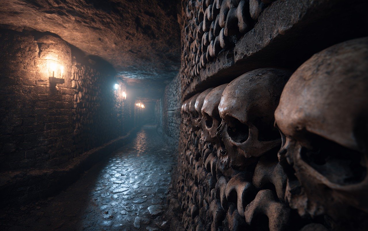 ai generated, skull, bone, catacomb, tunnel, death, ossuary, dark, wall, underground, history, architecture, europe, monument, tourism, travel, skeleton, ancient, crypt, burial, landmark, culture, mysterious, spooky