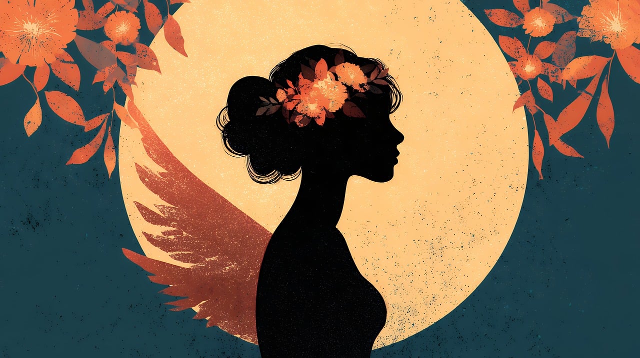ai generated, woman, silhouette, profile, floral, hair, flowers, art, drawing, female, head, face, design, background, artistic, beauty, fantasy, moon, wings, angel, decorative, graphic, elegant, vintage, retro