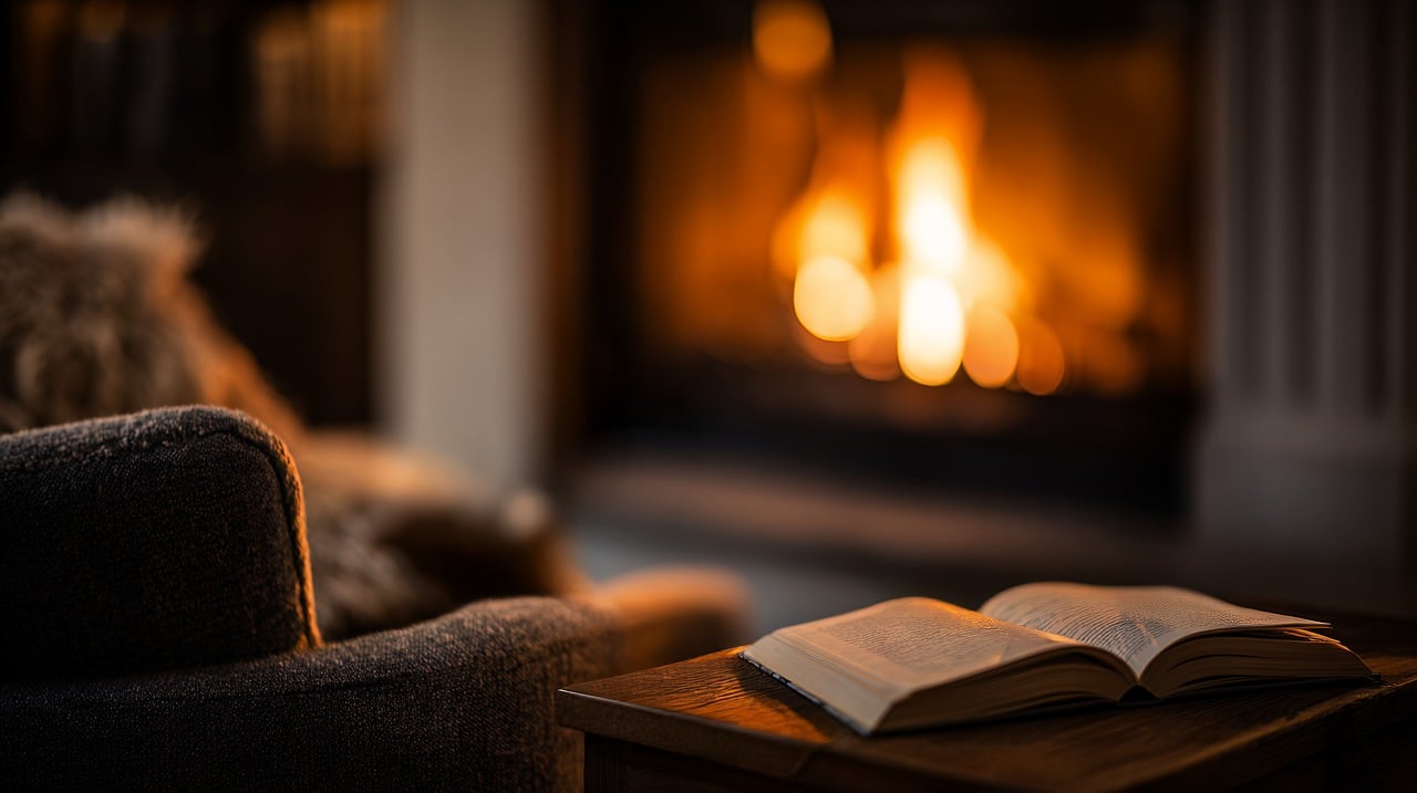ai generated, book, fireplace, cozy, reading, warmth, comfort, home, relaxation, winter, indoor, peaceful, quiet, evening, flame, literature, study, education, knowledge, leisure, lifestyle, pages, light, atmosphere, fire
