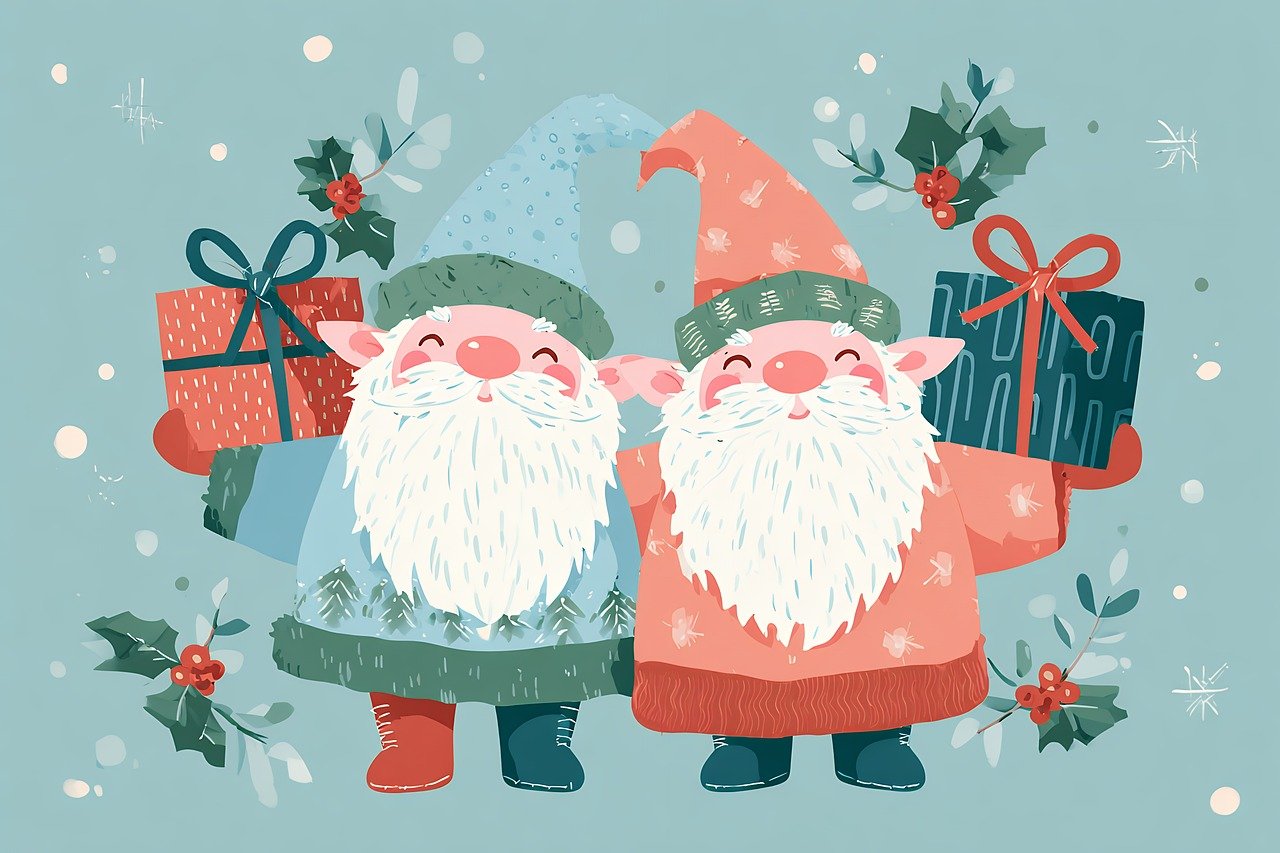 christmas, gnome, santa, holiday, winter, festive, cartoon, gifts, holly, berries, snowflakes, decoration, seasonal, cute, whimsical, nordic, traditional, folklore, character, present, december, celebration, merry, cheerful, ai generated