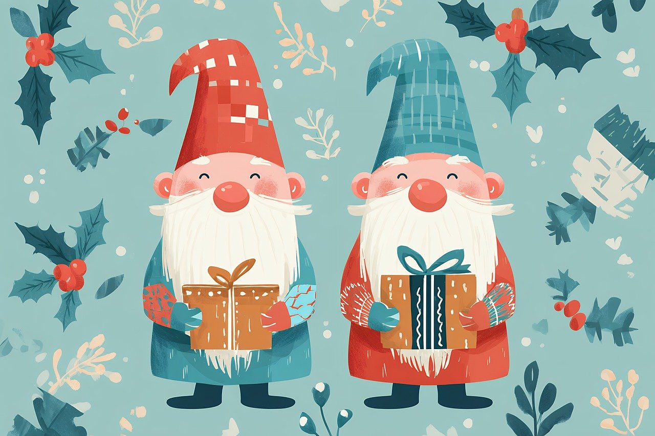 gnomes, christmas, nordic, scandinavian, festive, winter, holly, berries, decorative, turquoise, pattern, folk, traditional, seasonal, holiday, cute, cartoon, whimsical, magical, snowflakes, design, ornamental, cheerful, december, ai generated