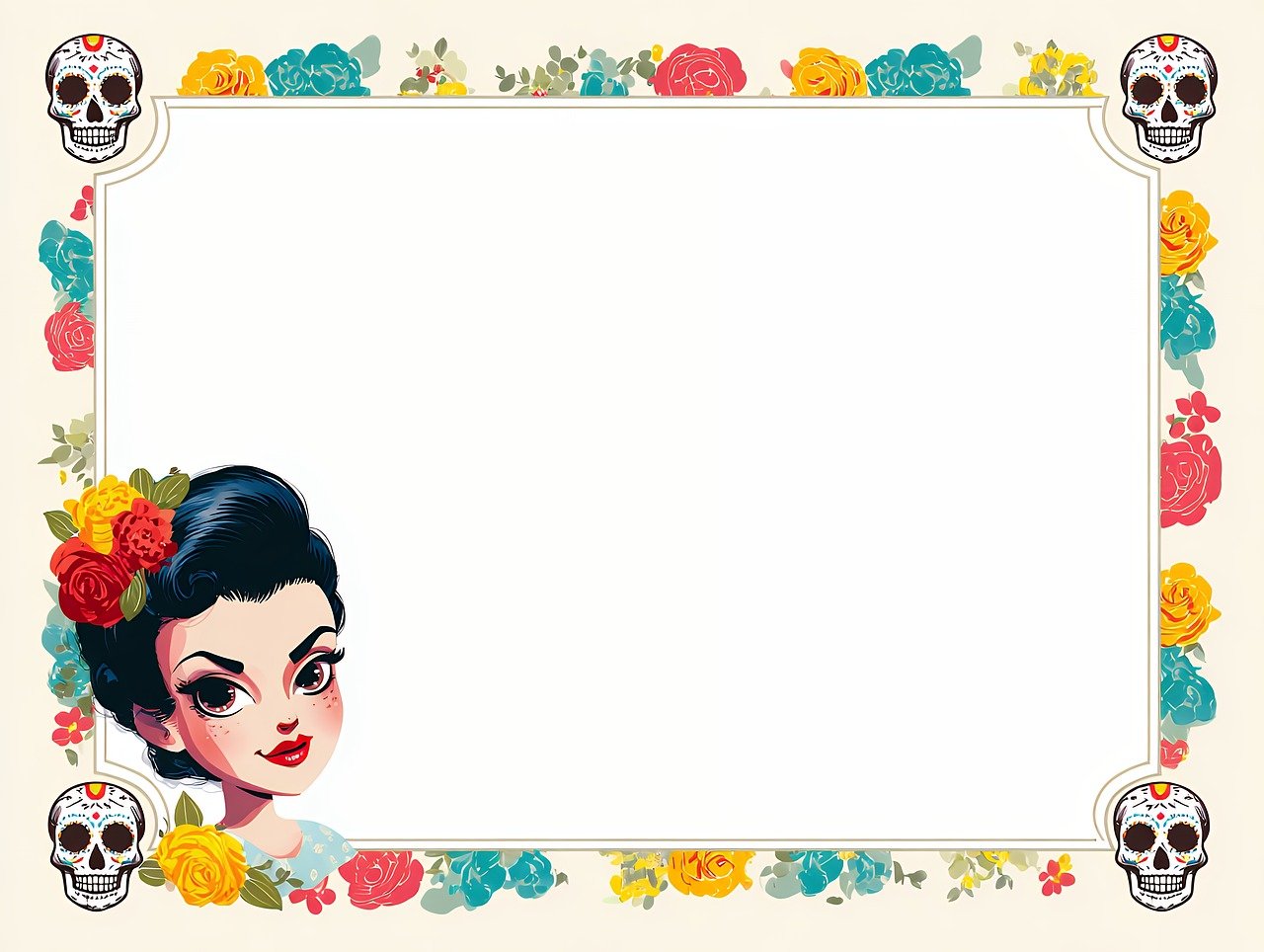 ai generated, border, frame, skulls, roses, retro, mexican, traditional, decorative, vintage, floral, cultural, celebration, festive, folklore, pattern, ornamental, design, artistic, colorful, holiday, seasonal, memorial, digital