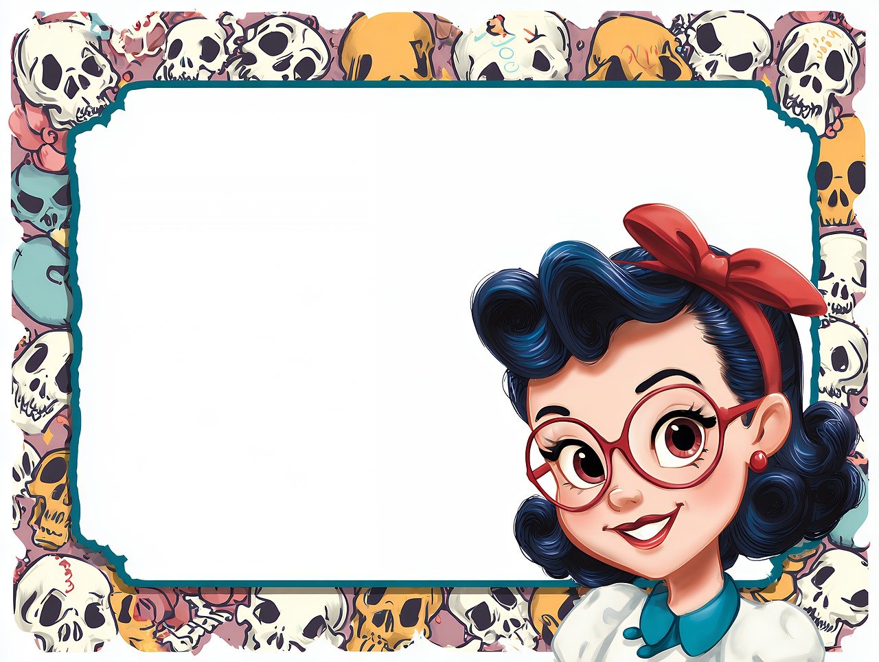 retro, dibujos animados, pinup, marco, cráneo, frontera, víspera de todos los santos, clásico, rockabilly, vasos, inclinarse, diseño, decorativo, escalofriante, linda, nostálgico, patrón, dibujo, digital, artístico, gráfico, estilo, póster, ai generado