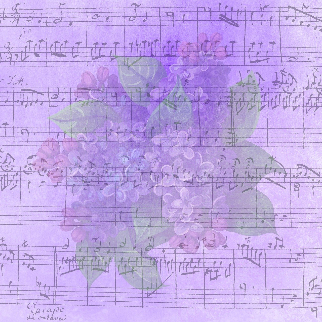 lilacs, purple, nature, flowers, bloom, blossom, petals, flora, spring, garden, bouquet, music, song, melody, grades, sheet music, vintage, retro, paper, texture, scrapbooking