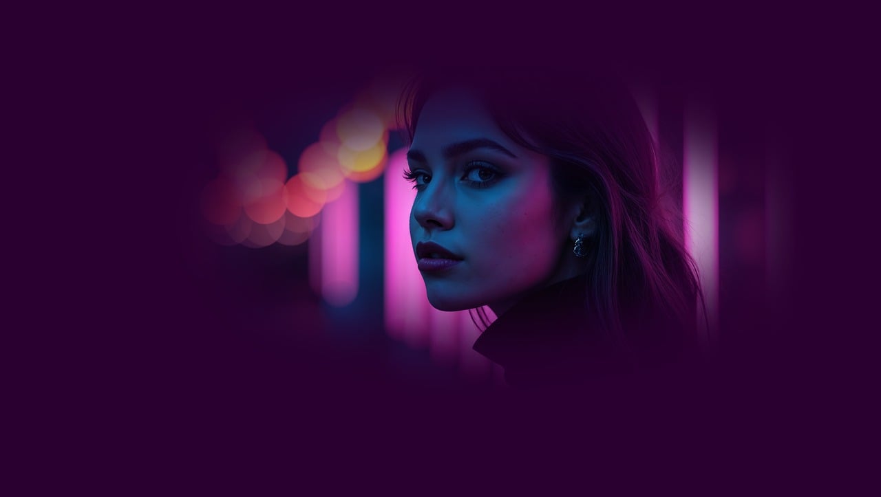 neon, night, city, portrait, glow, light, urban, futuristic, cyberpunk, pensive, woman, darkness, bokeh, reflective, cool, pink, blue, purple, mysterious, style, ai generated