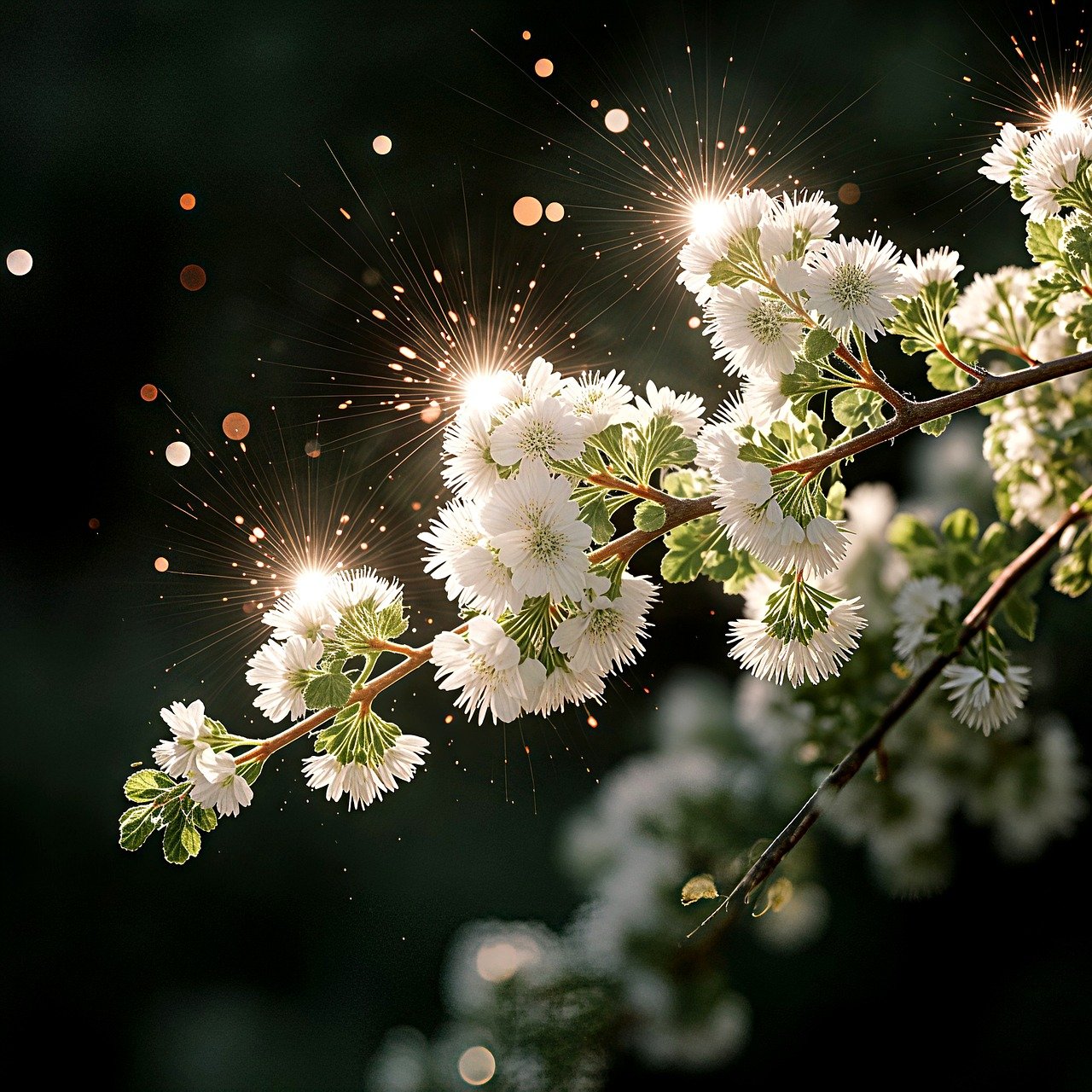 blossom, bloom, nature, flora, inflorescence, background, magic, fairy dust, sparkling, sparkle, close up, white